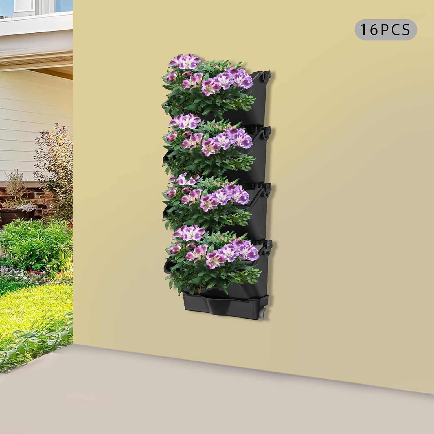 Vertical Wall Planter with 16 Pots, Hanging Garden Plant Flowerpot Holder, Stackable Wall-Mounted Planter, Balcony Planters for Flowers Vegetables Fruits (Black, 16 Pots+4 Drainage Planters&Pipe)