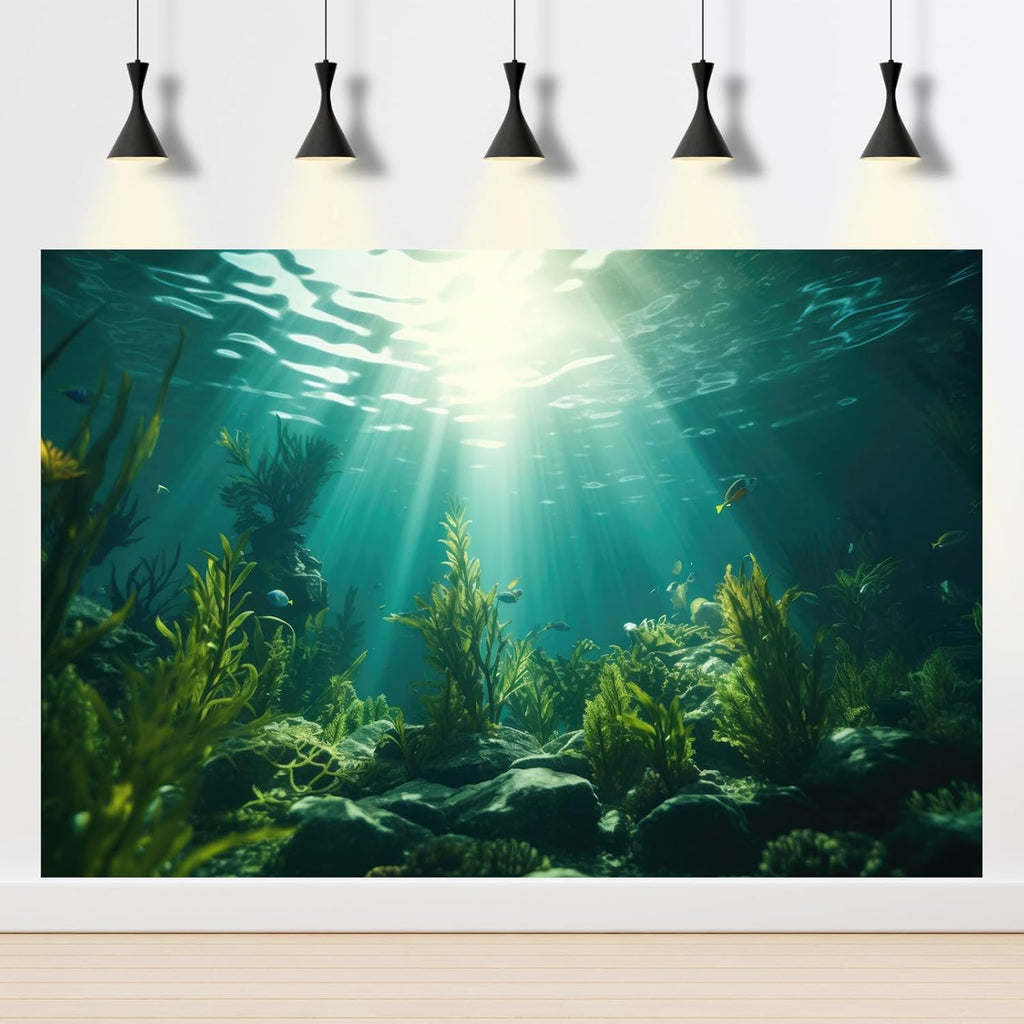 Ocean Aquarium Background Aquatic Plants with Rocks Terrarium Backdrop Sunlight Rays Deep Sea Fish Tank Background Aquarium Wallpaper Poster Decor Vinyl 72x24in