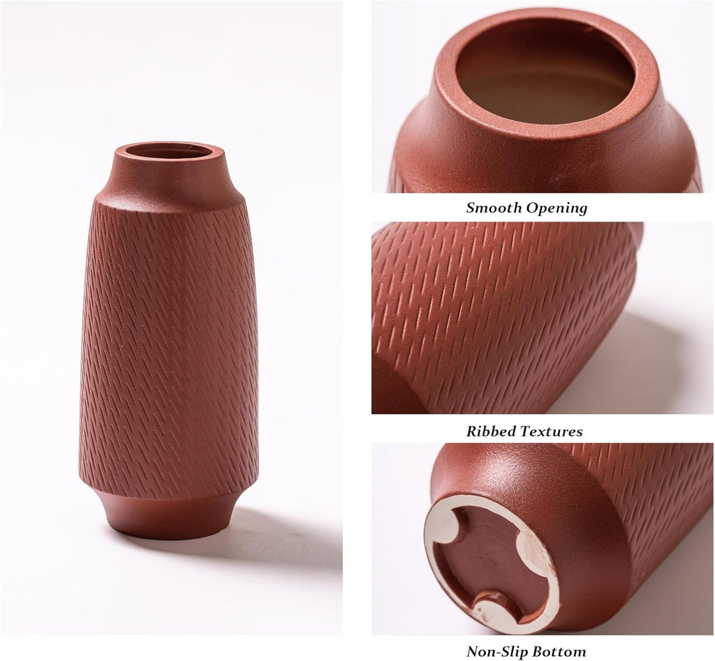 Ceramic Vase Set of 3, Modern Multicolor Pattern Flower Vases for Home Decor, Office, Centerpieces, Boho Farmhouse Style (Red/Green/Orange)