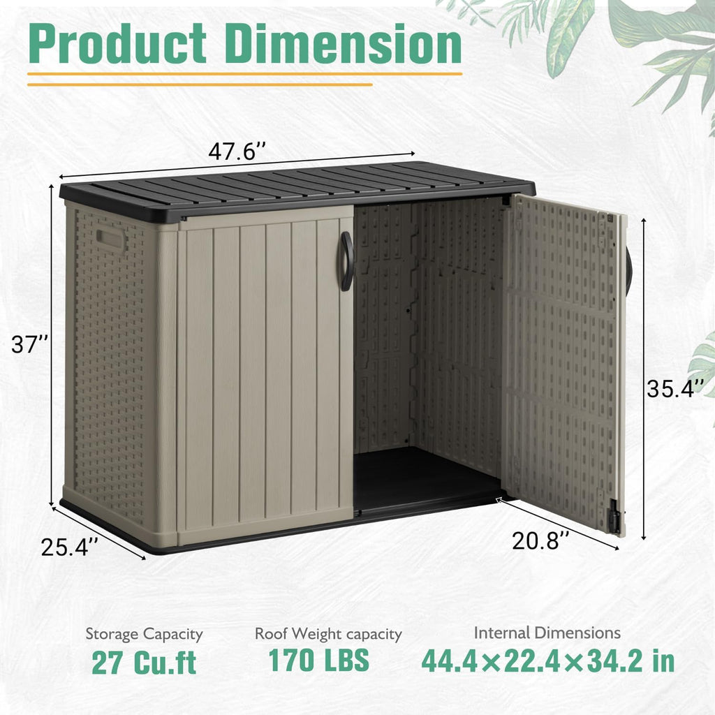 Greesum Outdoor Horizontal Storage Sheds 27 Cu.ft Resin Large Storaged Box Weather Resistance, Without Shelf, Easy to Assemble, Prefect for Garden, Patios, Backyards, Beige
