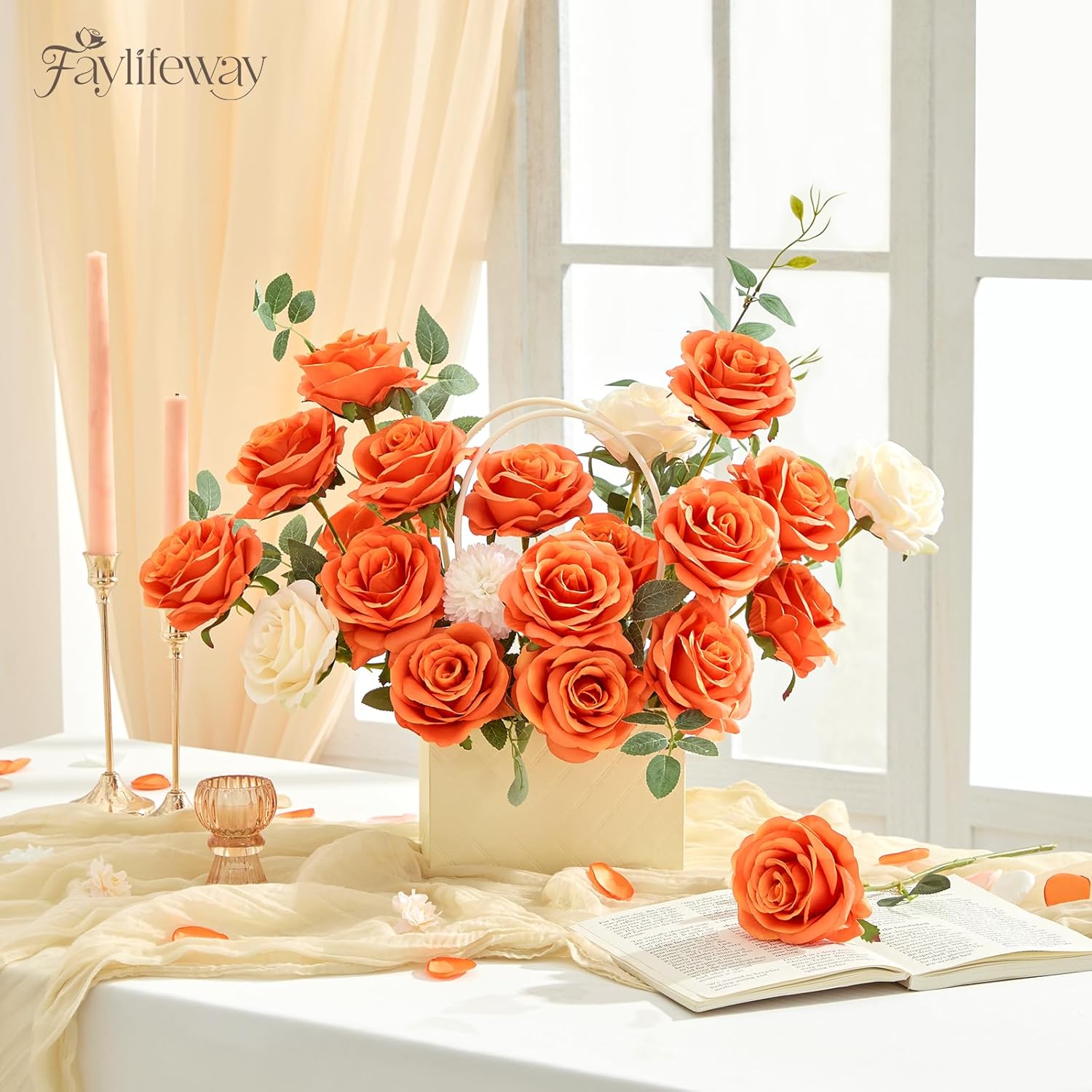 20PCS Artificial Light Orange Roses, 3.9'' Silk Flower Head Fake Light Orange Rose with Long Stems, Realistic Faux Roses Bouquet for Mother's Day DIY Wedding Home Party Office Decoration