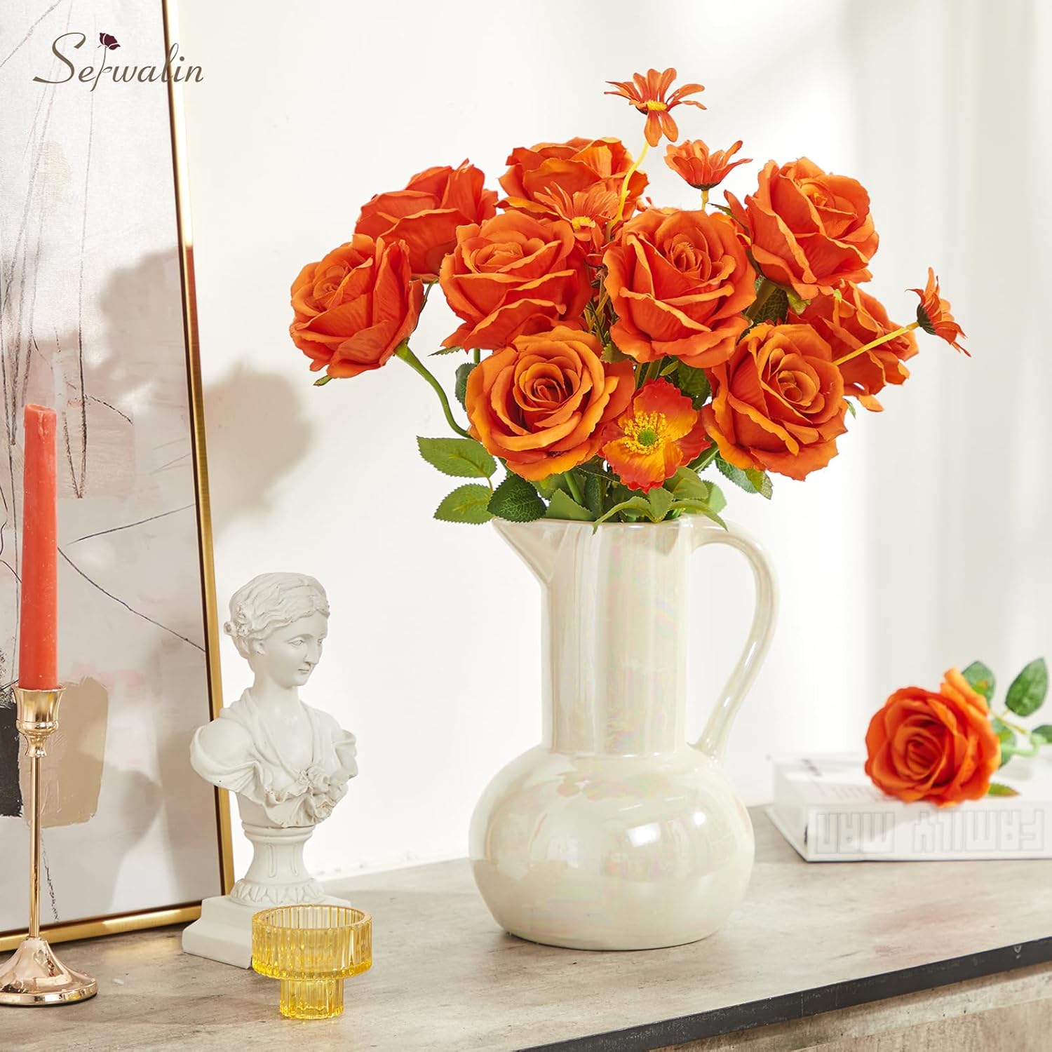 Serwalin 20pcs 4'' Big Orange Artificial Roses, Large Flower Head Silk Rose Velvet Real Touch, Fake Roses Long Stems Realistic Bouquet for Wedding, Table Centerpiece Home Decor