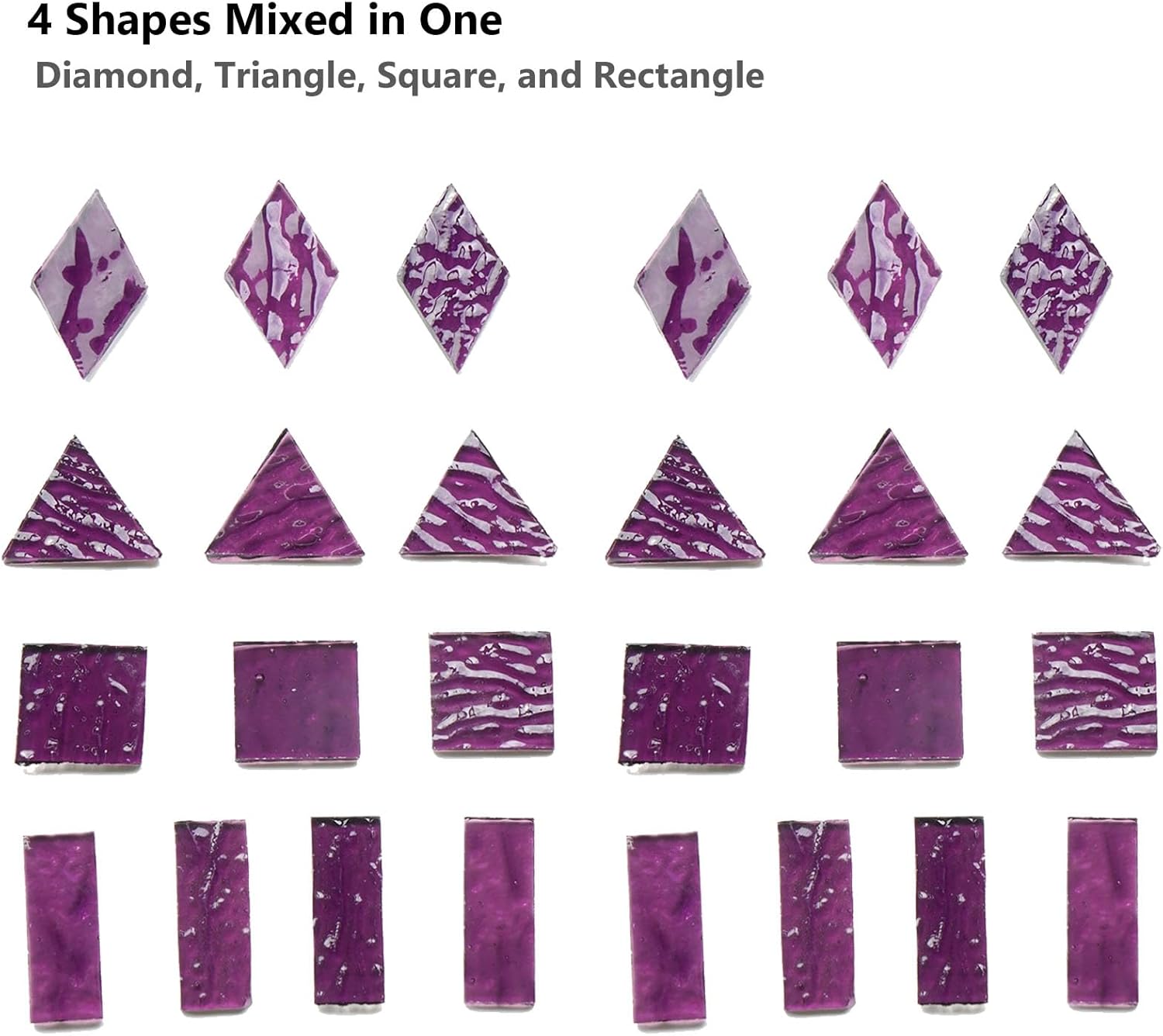 200G Oversize Transparent Glass Mosaic Tiles for Crafts, 4 Shapes Textured Cathedral Stained Glass Mosaic Pieces for Mosaic Art Decor, Violet Purple