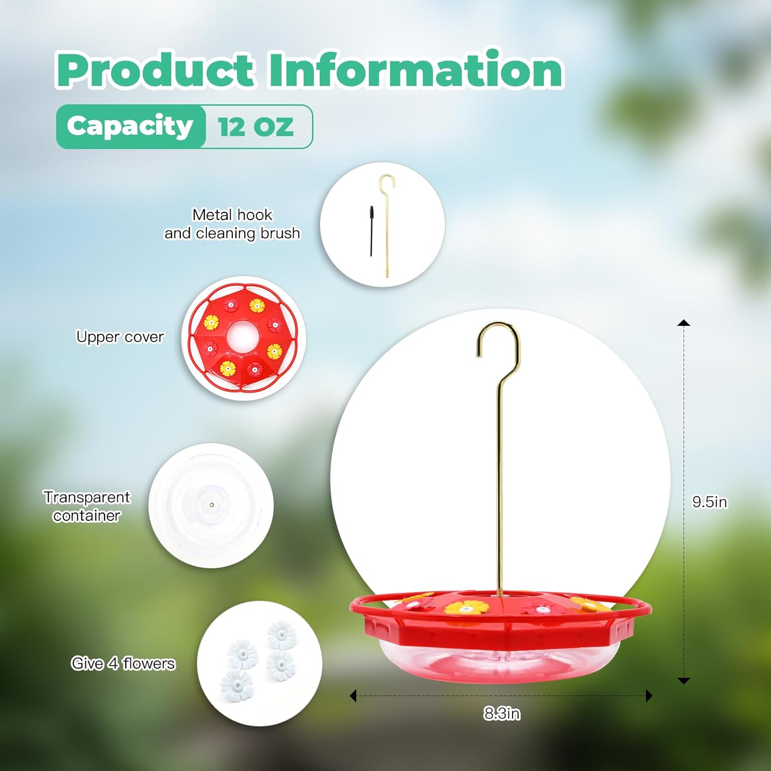 Hummingbird Feeders for Outdoors 12 OZ Bee Proof Plastic Humming Bird Feeder 8 Feeder Ports,with Perch with Ant Moat,Easy to Clean with Cleaning Brushes Red