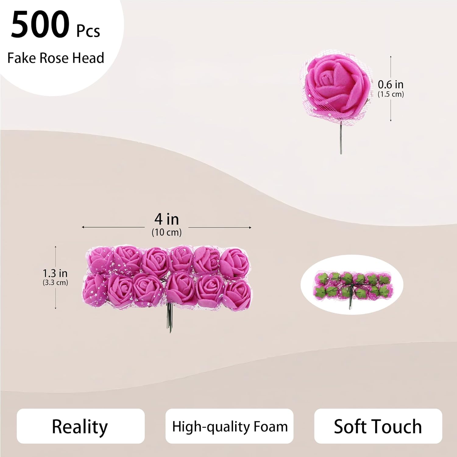 500 Pcs 0.6 Inch Mini Artificial Flowers Head Bulk 5 in 1 Set Faux Foam Fake Small Rose Tiny Baby Flores Bouquet Wreath Gift Hair Clip Home Decoration DIY Craft (Hot Pink)