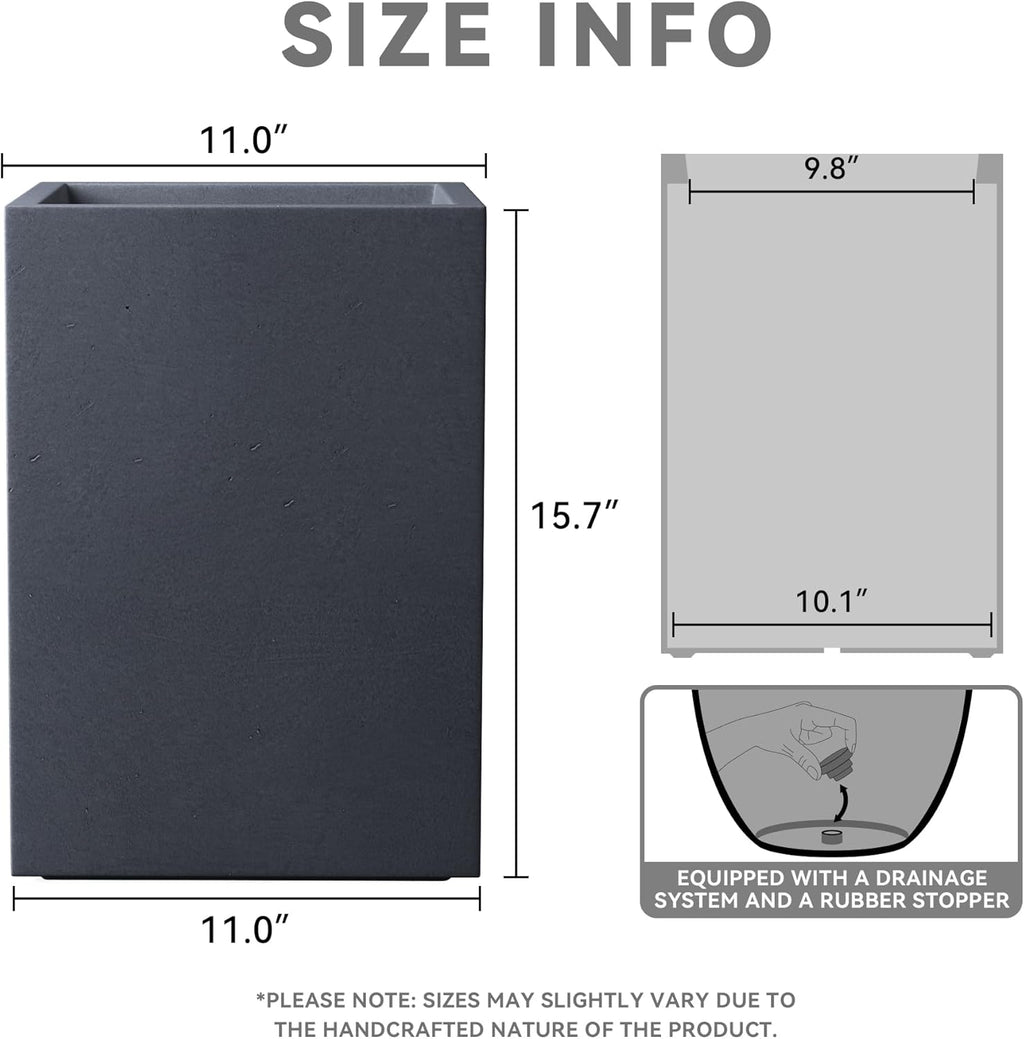 Kante 15.7" H Tall Rectangular Concrete Planters, Outdoor Indoor Lightweight Plant Pots with Drainage Hole and Rubber Plug, Modern Style for Home Garden Patio, Charcoal