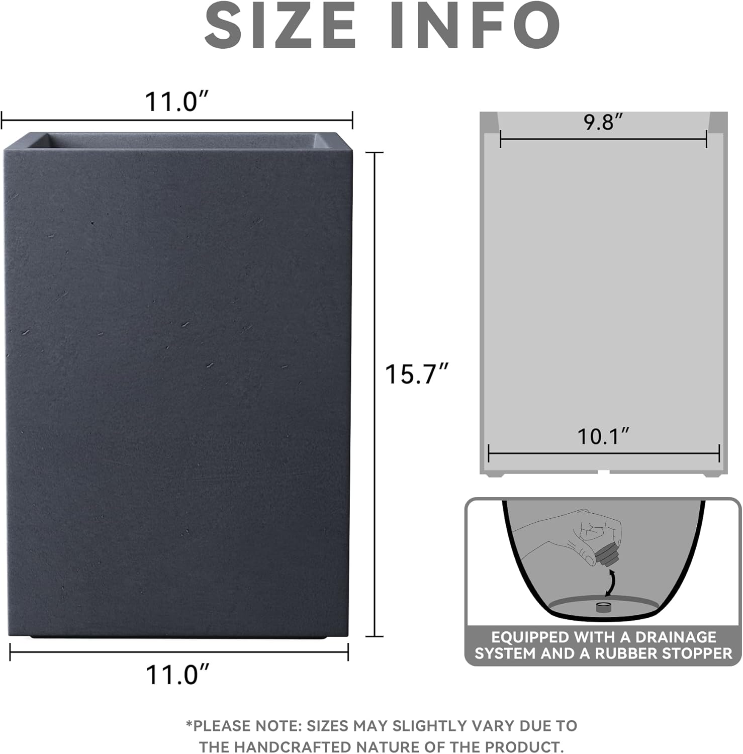 Kante 15.7" H Tall Rectangular Concrete Planters, Outdoor Indoor Lightweight Plant Pots with Drainage Hole and Rubber Plug, Modern Style for Home Garden Patio, Charcoal