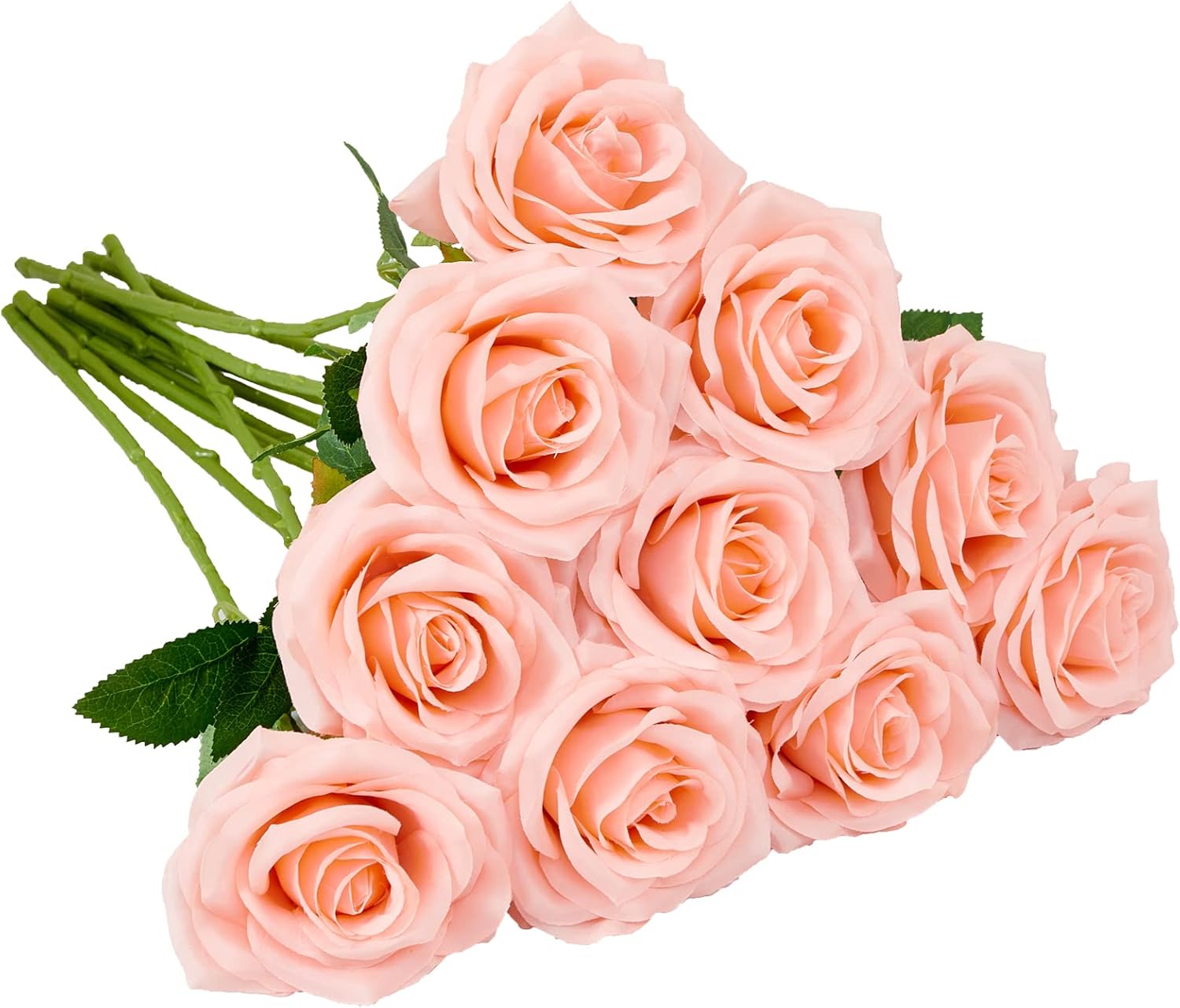 Artificial Rose 10pcs Open Flower Bouquet Faux Rose Stems for Wedding Arrangement, Bridal Bouquet, Centerpiece, Fake Faux Silk Flowers (Coral Peach)