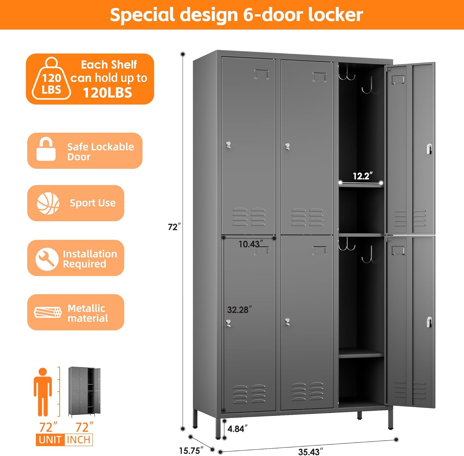 6 Doors Metal Lockers for Employees with 6 Shelves and 18 Hooks, Storage Locker with Business Card Holder for Office Gym School Bedroom, Assembly Required, Dark Gray