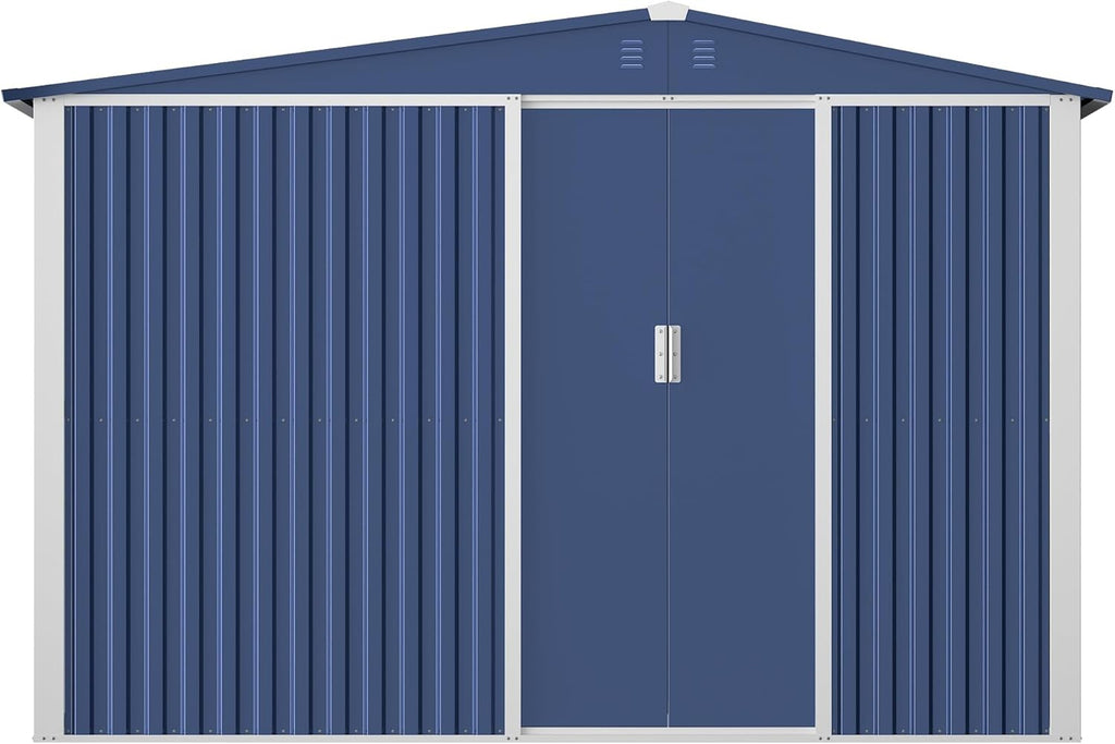 Metal Outdoor Storage Shed 10FT x 6FT with Firewood Storage, Steel Utility Tool Shed Storage House with Sliding Door, Metal Sheds Outdoor Storage for Backyard Garden Patio Lawn, Blue