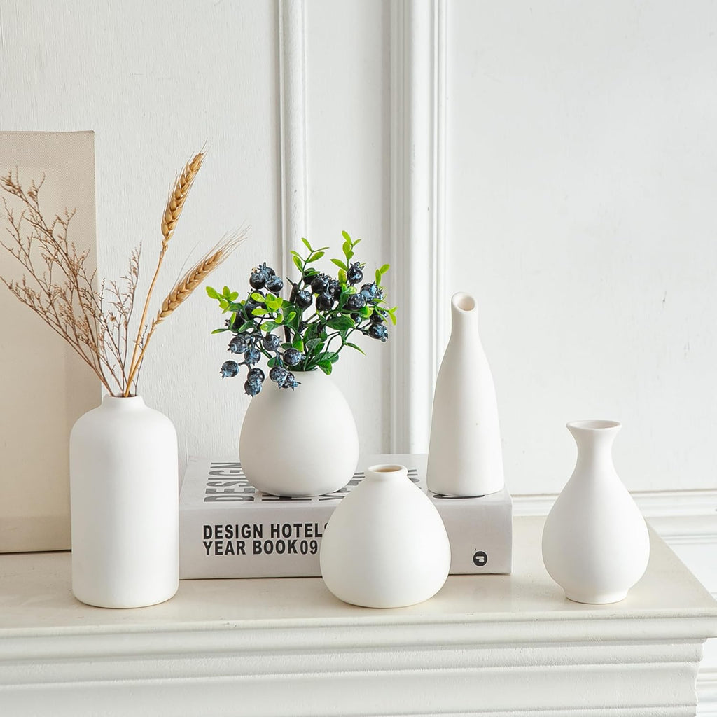 JOJUNO White Bud Vases, Small Ceramic Vase Set of 11, Mini Pottery Vases for Flowers, Decorative Pieces for Home Modern Decor, Boho Decor, Chic Accents for Living Room Dining Table Shelves