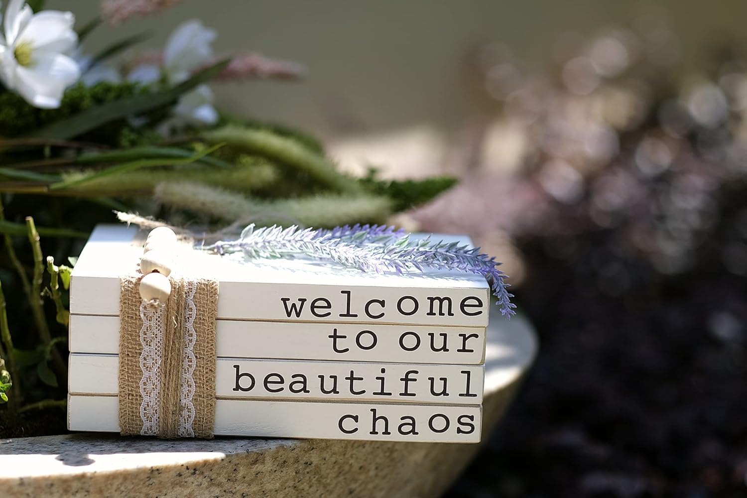 Lavender Inspired Welcome to Our Beautiful Chaos - Rustic Farmhouse Stacked Books - Set of 4 Wooden Book Bundle - Farmhouse Home Decor - Housewarming Gift