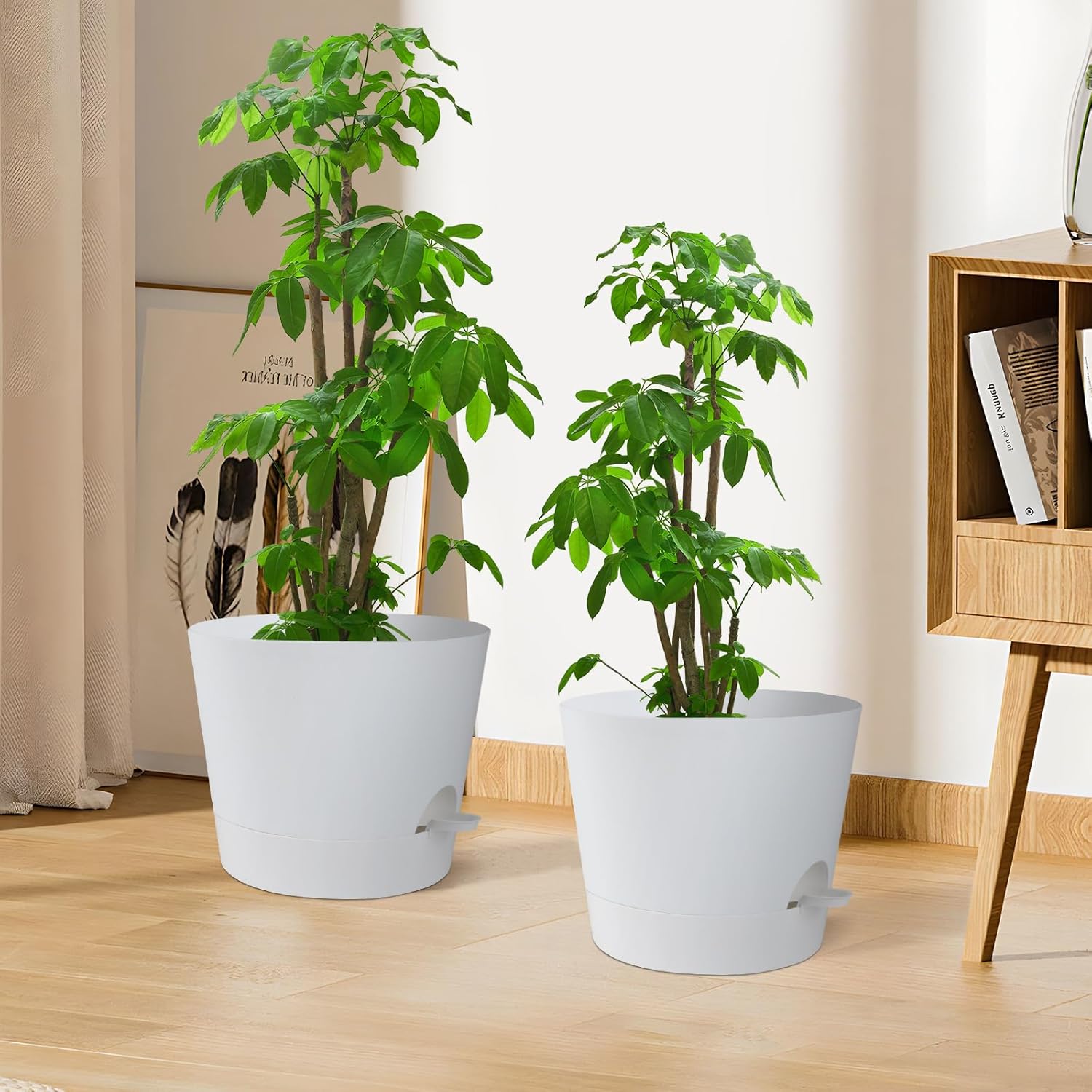 12 Inches Indoor Self Watering Planters with Drainage Holes and Saucers, 4 Pack (White)