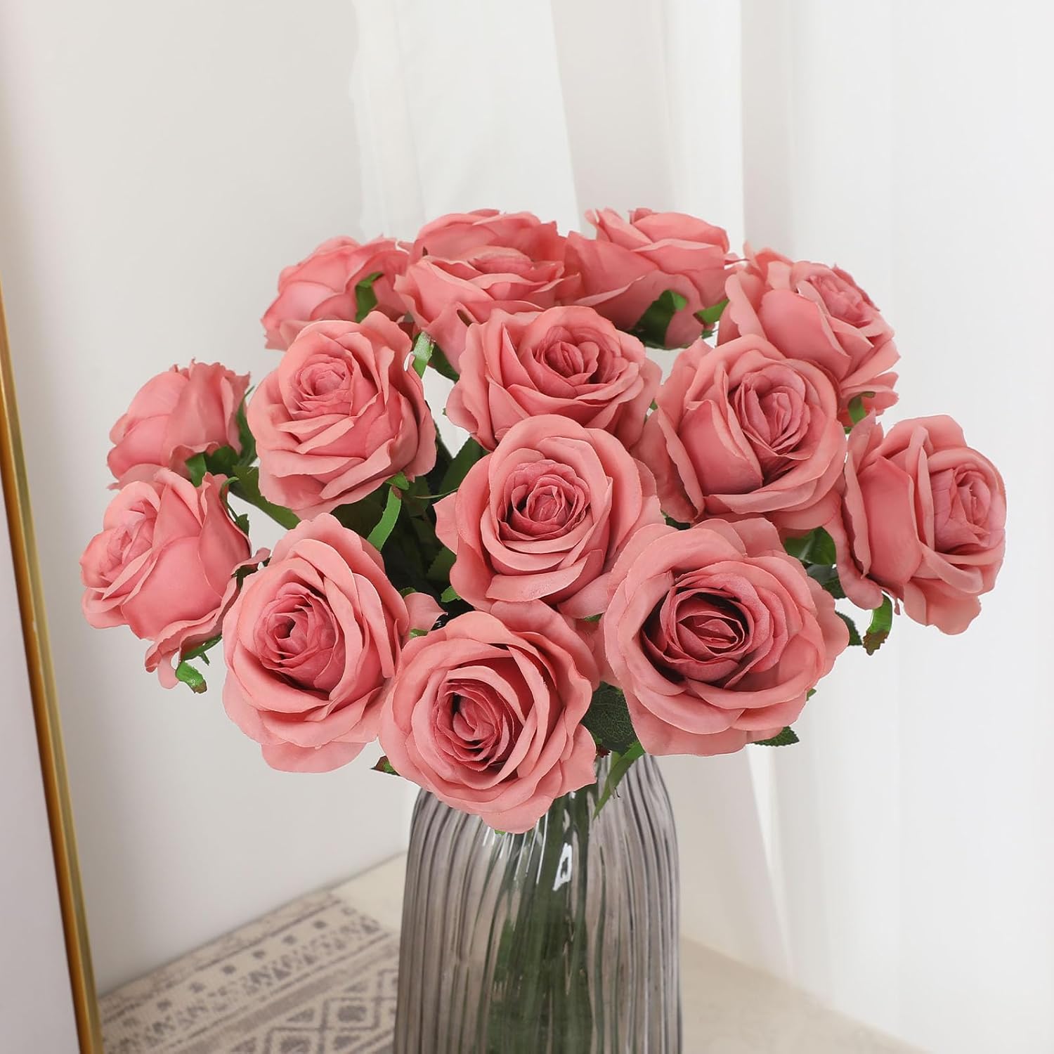 Pink Fake Roses Artificial Flowers - 10 Pcs Fake Artificial Roses Silk Flowers with Stems for Home Wedding Hotel Office Centerpiece Decor（Dusty Pink）