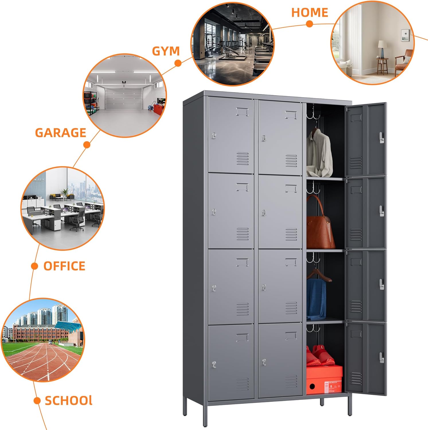 12 Doors Metal Lockers for Employees with 12 Hooks, Storage Locker with Business Card Holder for Office Gym School Bedroom, Assembly Required, Dark Gray