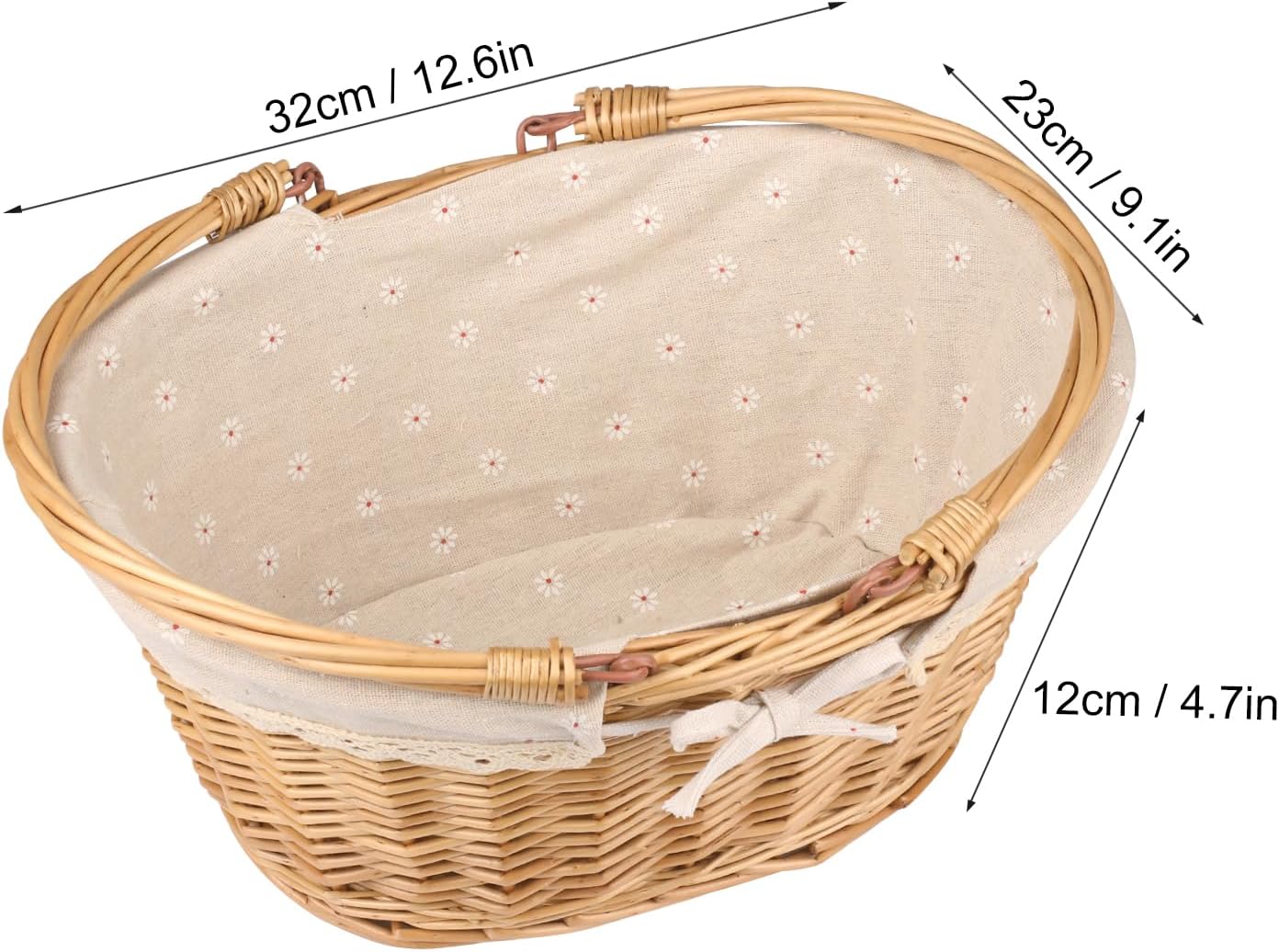 2 Pack Medium Size Oval Willow Basket with Handle, 12.6x9x4.7 Inch Wicker Picnic Basket with Liner, Empty Gift Basket, Wicker Basket for Fruit, Candy, Wine, Gathering, Wedding, Picnic, by GNIEMCKIN