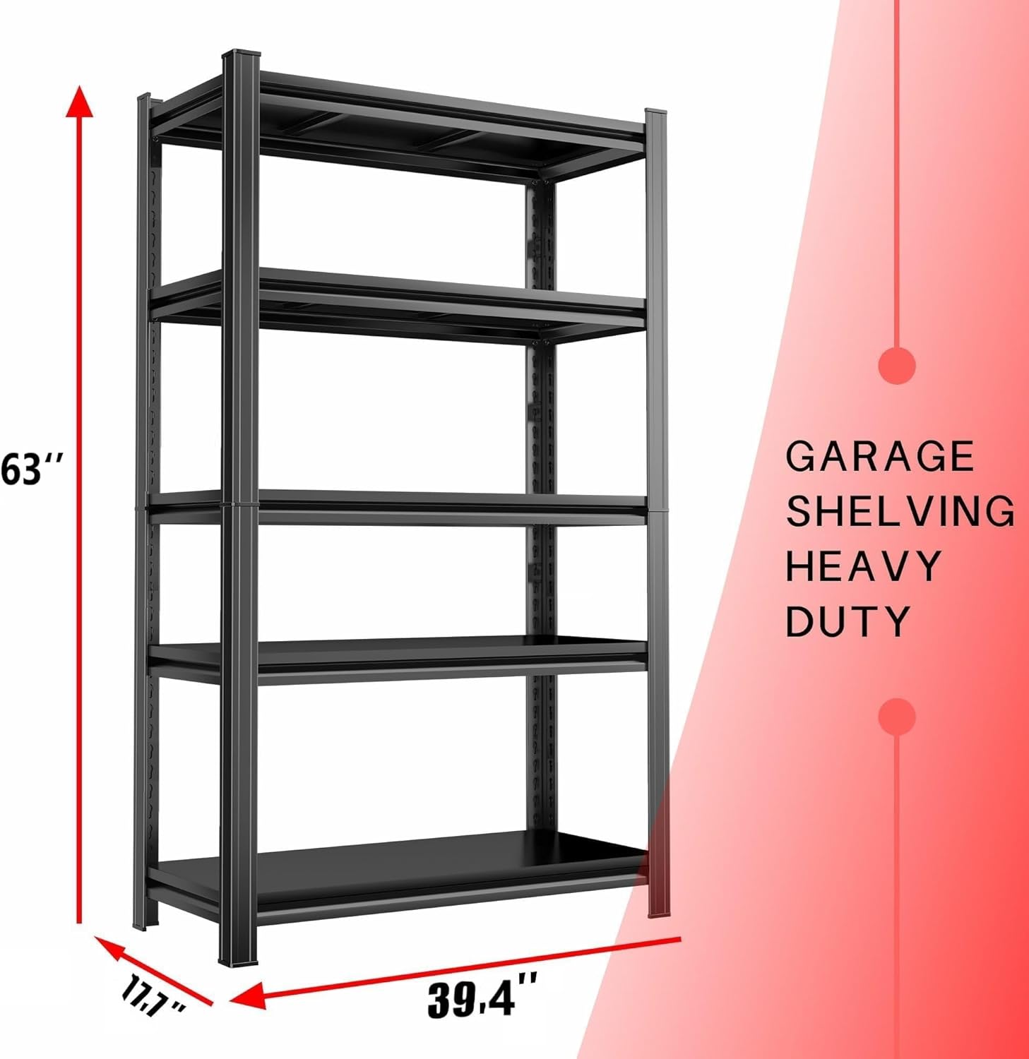 2500lb Capacity Heavy Duty Industrial Shelves | 5-Tier Steel Storage Rack | Adjustable Garage, Warehouse, Workshop Shelving | 63" H x 39.4" W x 17.7" D | Black