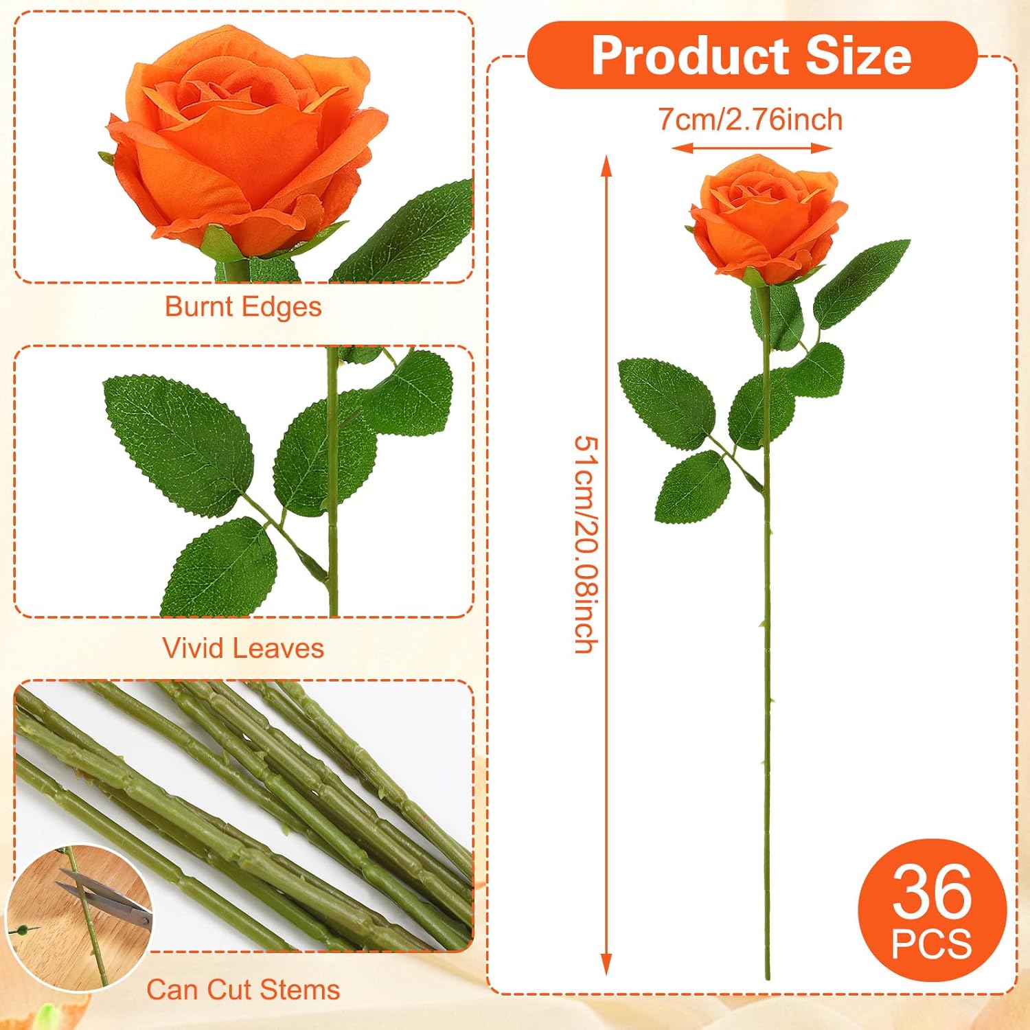 36 Pcs Orange Artificial Roses with Long Stems, Fake Silk Rose Artificial Flowers Bulk for Bridal Wedding Bouquet Centerpiece Ball Arrangement Party Decor