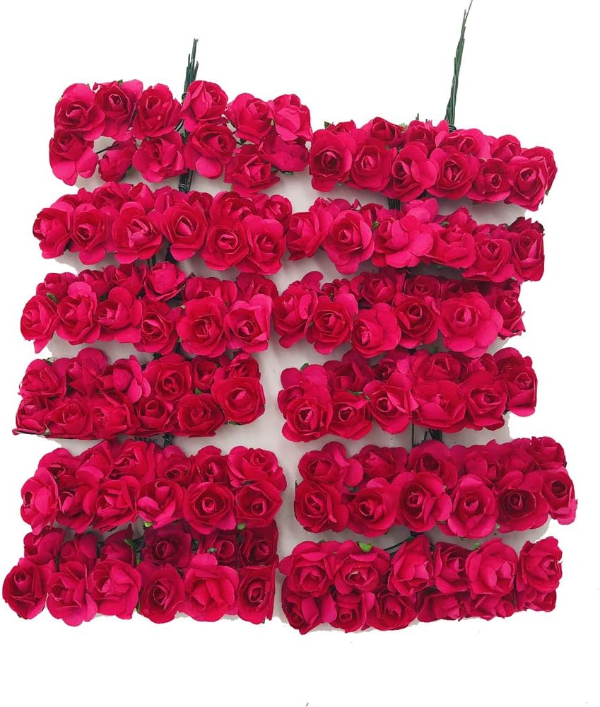 Mini Fake Rose Flower Heads 144pcs Mini Artificial Mulberry Paper Roses Flower with Wire Stem DIY Wedding Flowers Accessories Make Bridal Hair Clips Headbands Dress (Hot Pink)