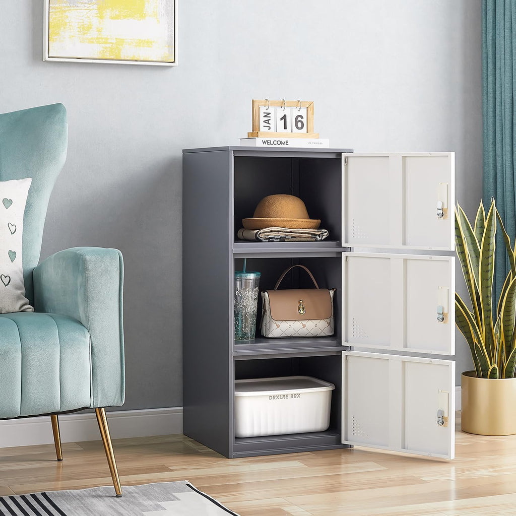 Student Locker Organizer, Multi-Door Steel Locker, Small Locking Cabinet Storage Organizer, Office File Cabinet, Home Locker, Gym Locker, Metal Storage Locker (3 Door, Gray & White)