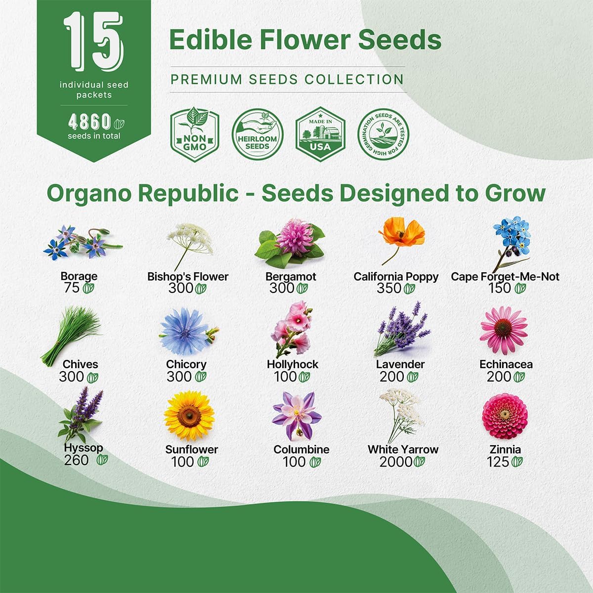 Organo Republic 15 Edible Flower Seeds Variety Pack- Indoor/Outdoor. 4800+ Non-GMO Heirloom Flower: Borage, Bishop's Flower, Chicory, Chives, Hyssop, Echinacea, Lavender Seeds & More
