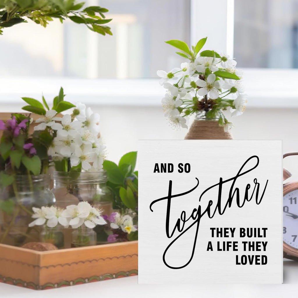 Family Decor, Together They Built A Life Rustic Farmhouse Wooden Box Sign, Family Home Decorations for Living Room Bedroom Desk Table Shelf