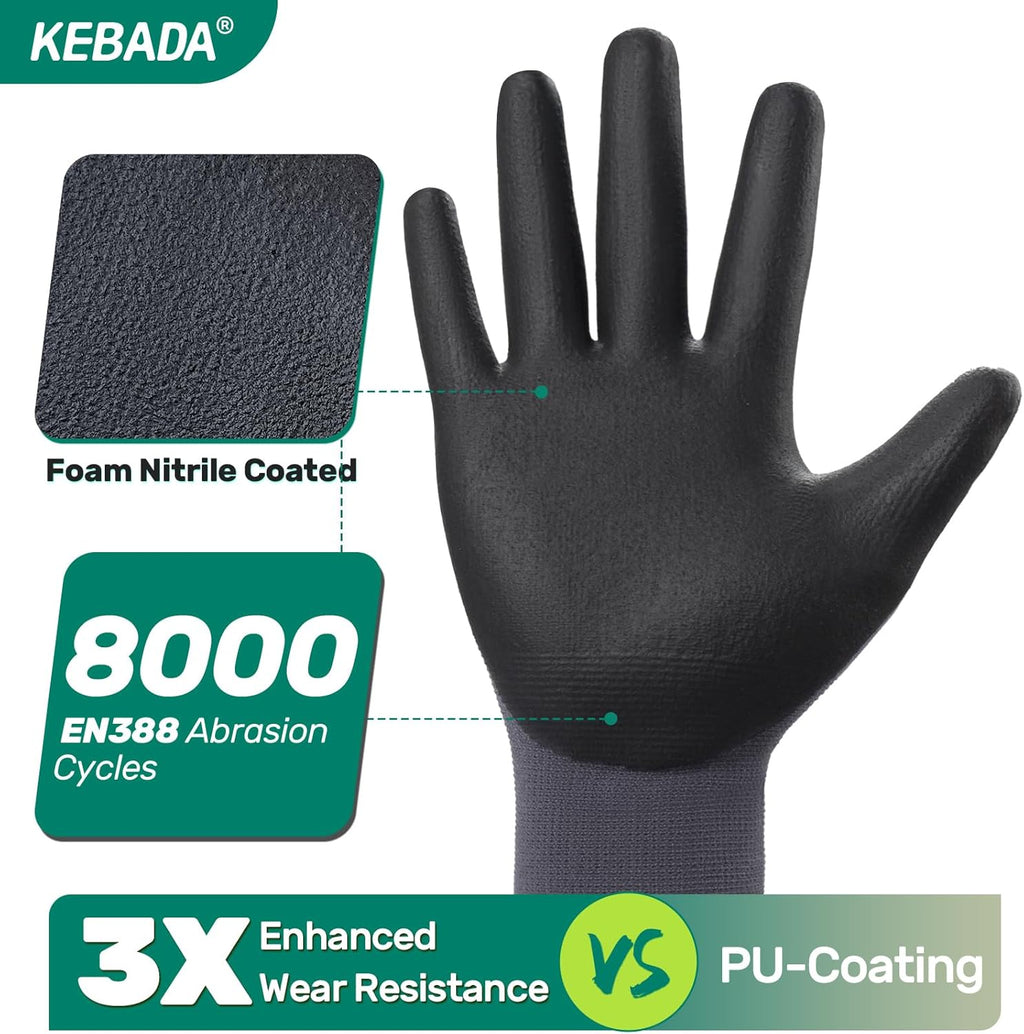 Kebada Work Gloves for Men and Women, Foam Nitrile Coated Safety Gloves with Grip, Ideal for Warehouse Package Handling, Gardening, Mechanic and Construction, Small