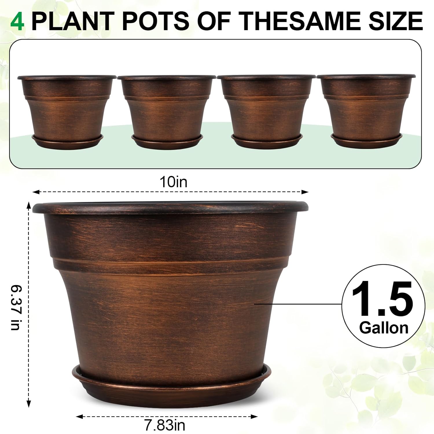 10 Inch Planters Plant Pots Indoor Outdoor, 4 Pack Plastic Flower Pot for Indoor Plants with Drainage Holes & Trays, Resin Decorative Container Sets with Saucer for House Garden Copper