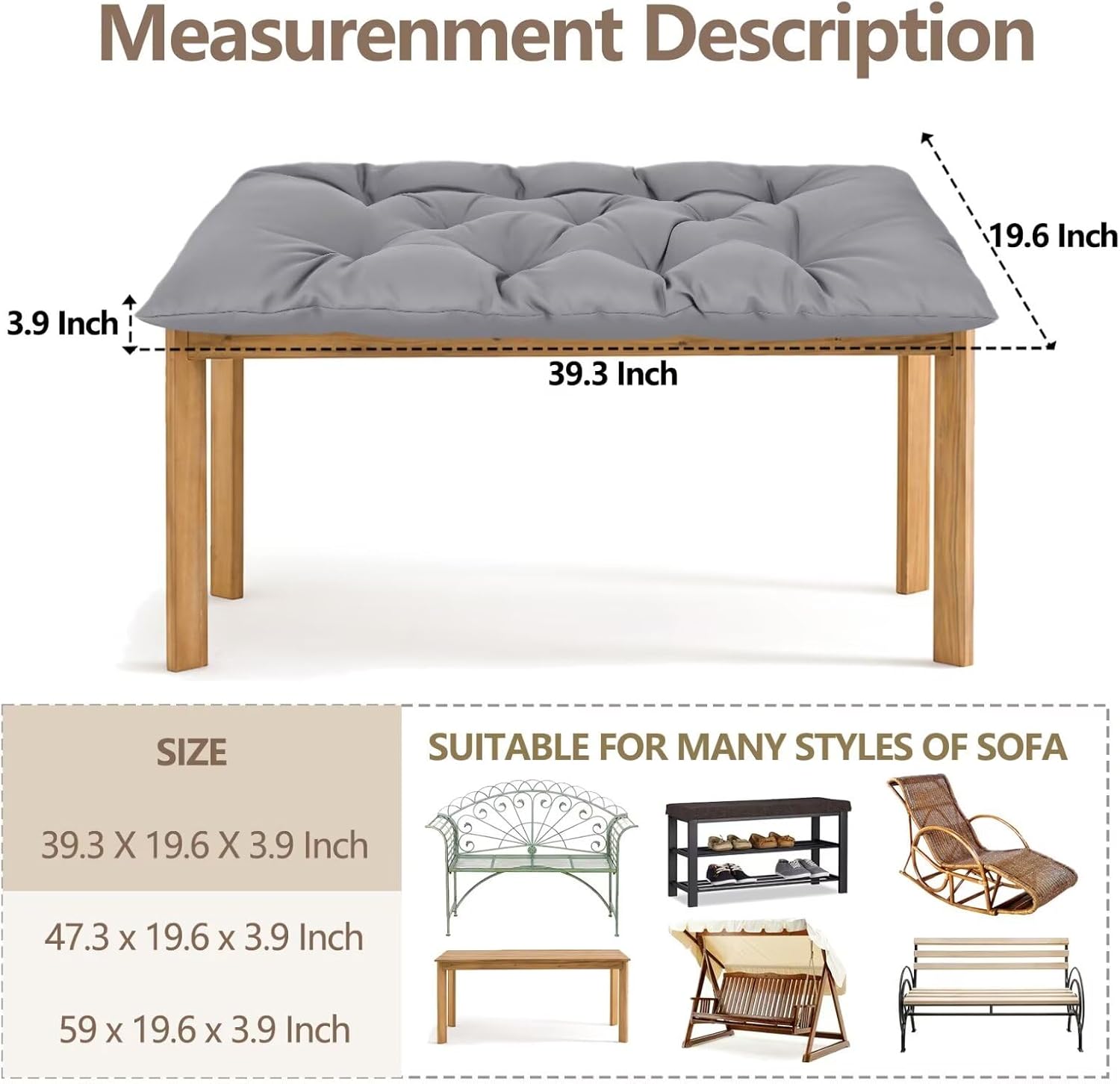 39.3in Waterproof Indoor/Outdoor Garden Bench Seat Cushions，Thicken Patio Bench Soft Rocking Chairs Pad Lounger Seat for Wicker Loveseat Settee（39.3 X 19.10 in,Light Grey ）