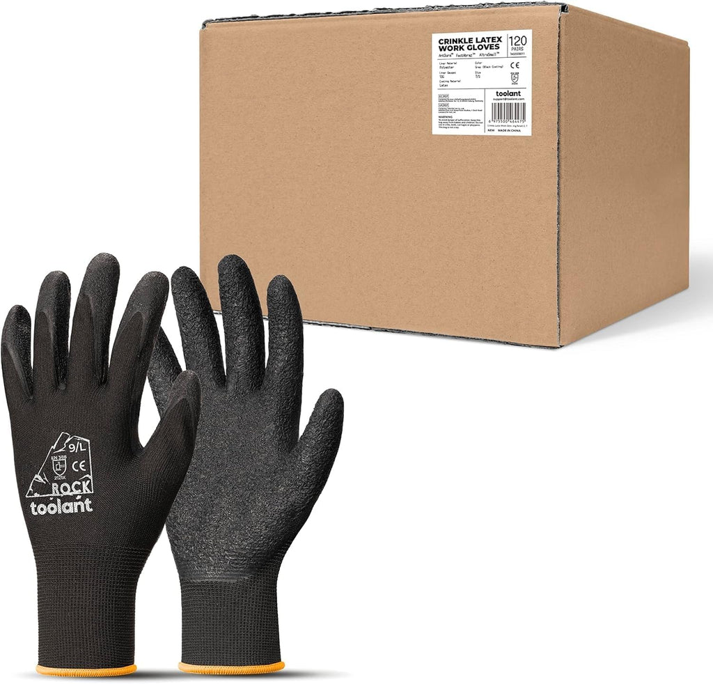 toolant Crinkle Latex Work Gloves Bulk, Rubber Coated Safety Work Gloves for Men and Women, 120 Pairs for Construction, Gardening, Warehouse (Black, Large)