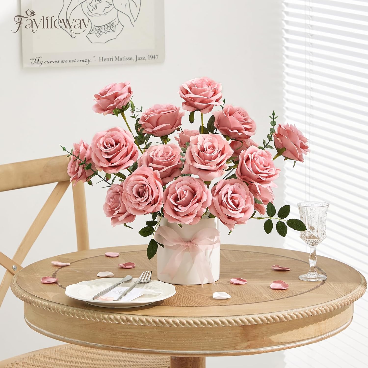 20PCS Artificial Dusty Pink Roses, 3.9'' Silk Flower Head Fake Dusty Pink Rose with Long Stems, Realistic Faux Roses Bouquet for Mother's Day DIY Wedding Home Party Office Decoration