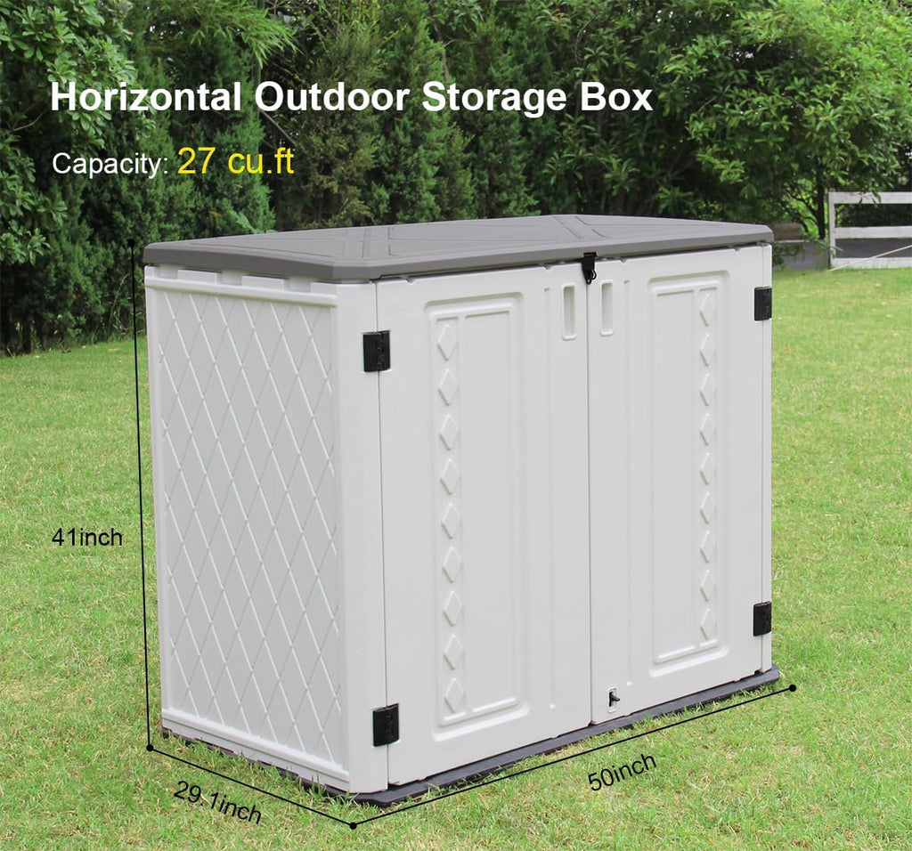 KINYING Outdoor Storage Shed-Horizontal Storage Cabinet Waterproof for Garden, Patios, Backyards, 35 Cu.ft Resin Tool Shed for Garbage Cans, Small Tools, Lawn Mower,Off-White Color