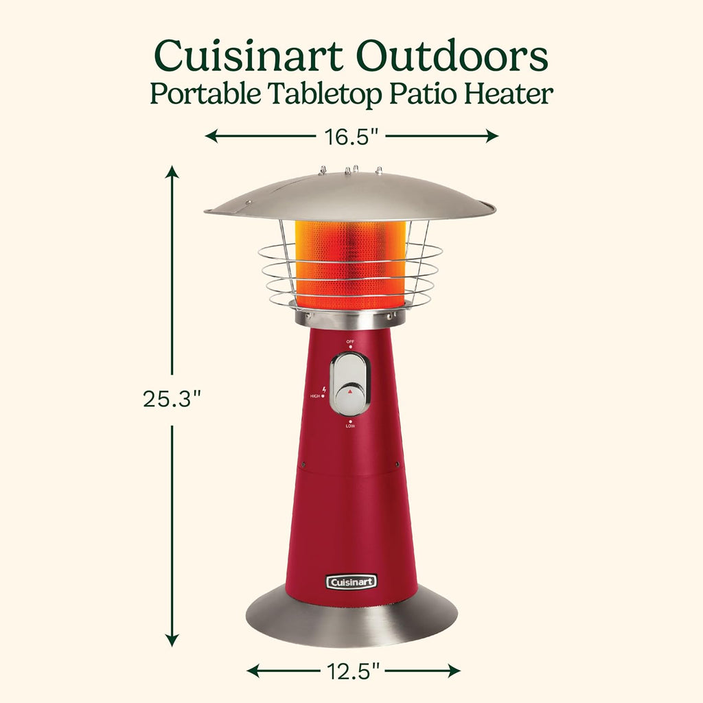 Cuisinart Portable Tabletop Patio Heater, 11,000 BTU Outdoor Propane Heater with Safety Tilt Switch and Adjustable Heat, Burner Screen Guard, 30 sq. Foot Heat Range, Red