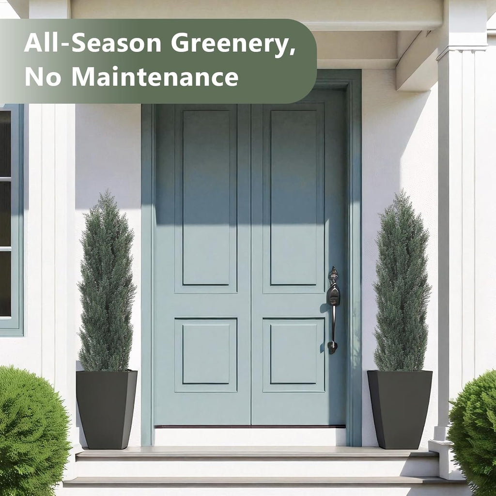 THE BLOOM TIMES 5ft Topiary Trees Artificial Outdoor – UV Resistant Faux Cedar Pine Cypress Bushes and Shrubs, Fake Potted Plants for Front Porch Outside Planter Patio Decor, Set of 2 (5 Foot)