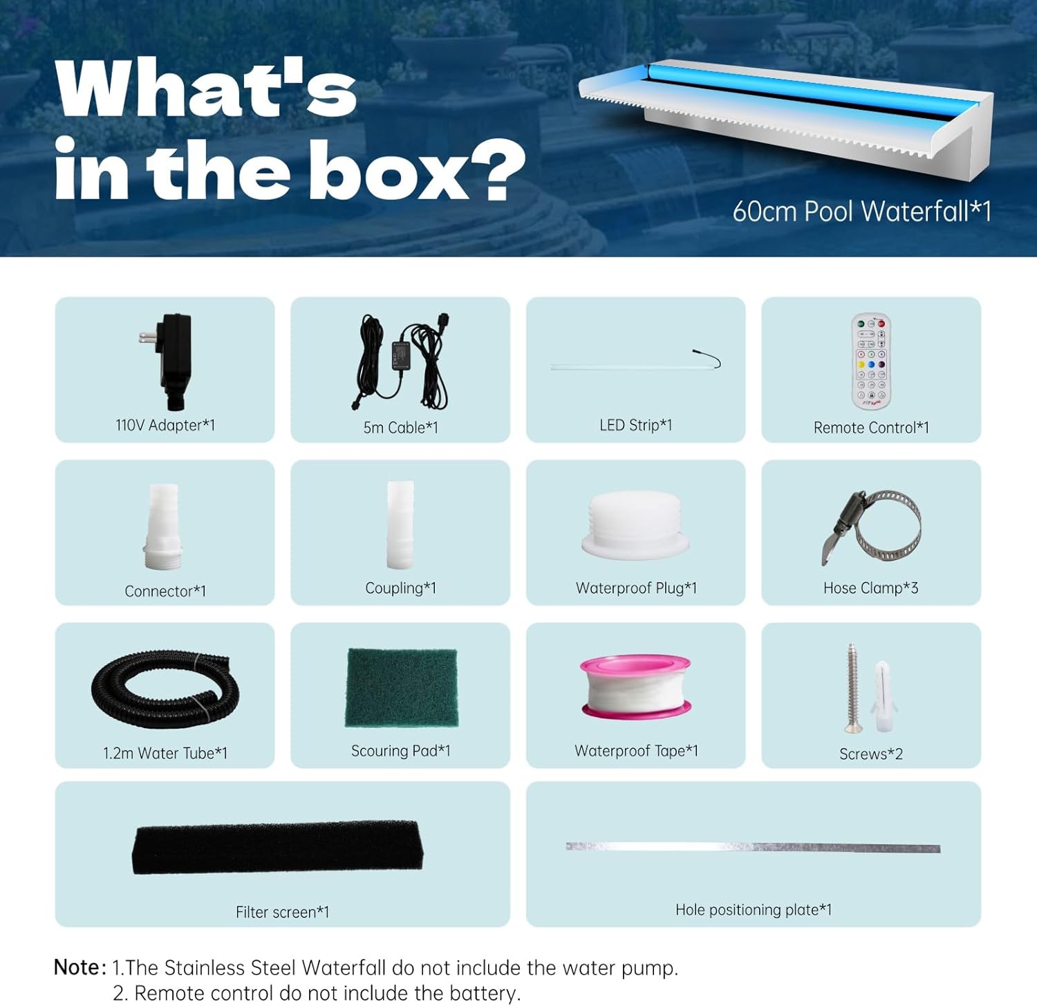 Waterfall Spillway Stainless Steel Pond Waterfalls with Color Changing LED Light, Outdoor Pool Fountain Water Feature Kit for Garden Patio Swimming Pool Koi Ponds Decor-24"x8"x4"