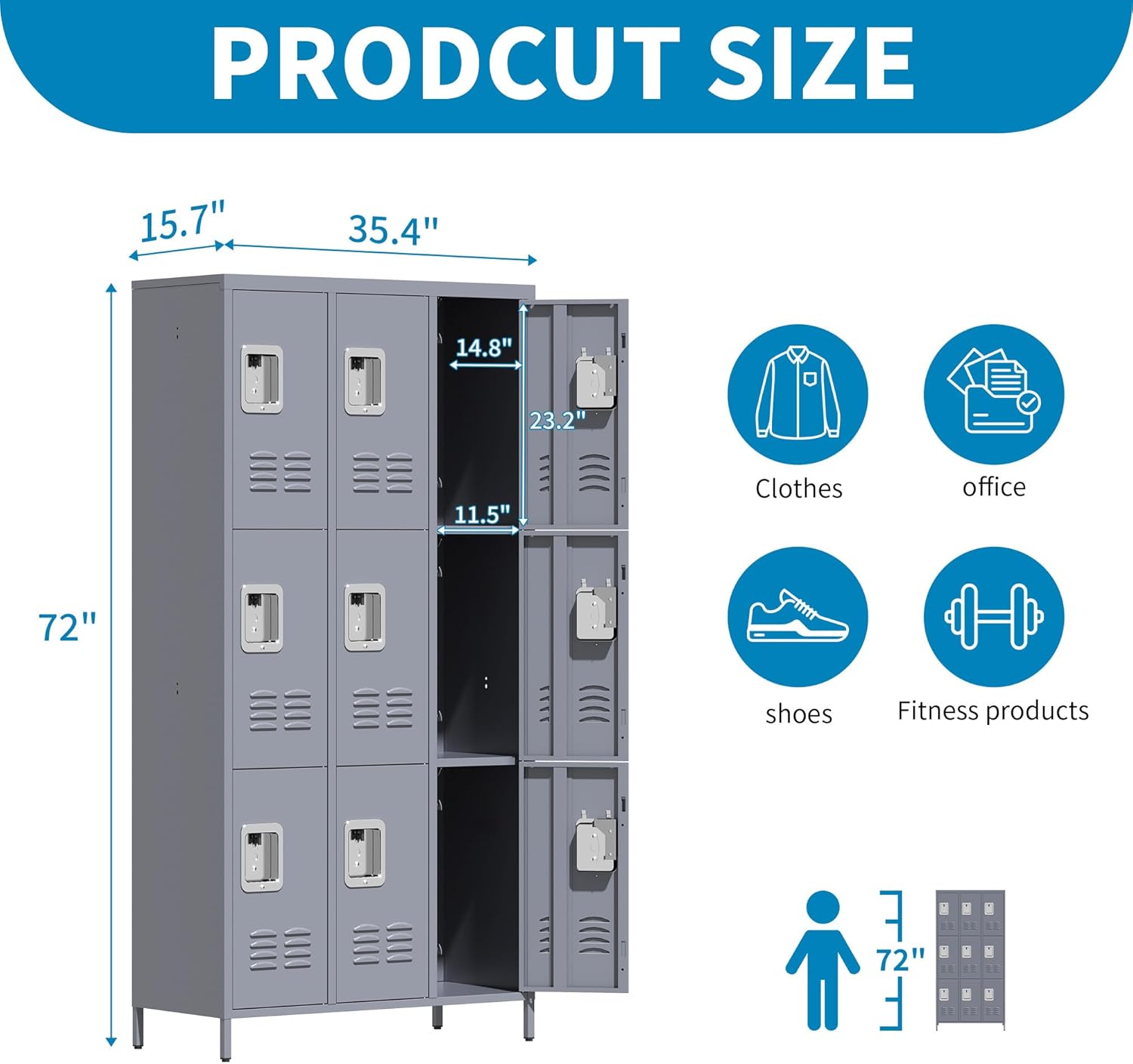 Metal Lockers for Employees, Storage Employee Locker, 72" Storage Lockers with Shelves Steel Cabinet for Home (Gray, 9 door-72'')