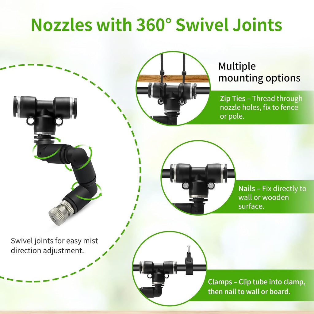 Outdoor Misting Cooling System,49FT (15M) Misting Line + 3/4” Threaded Adapter + 13 Adjustable 360° Nozzles, Garden, Greenhouse, Misters for Outside Patio