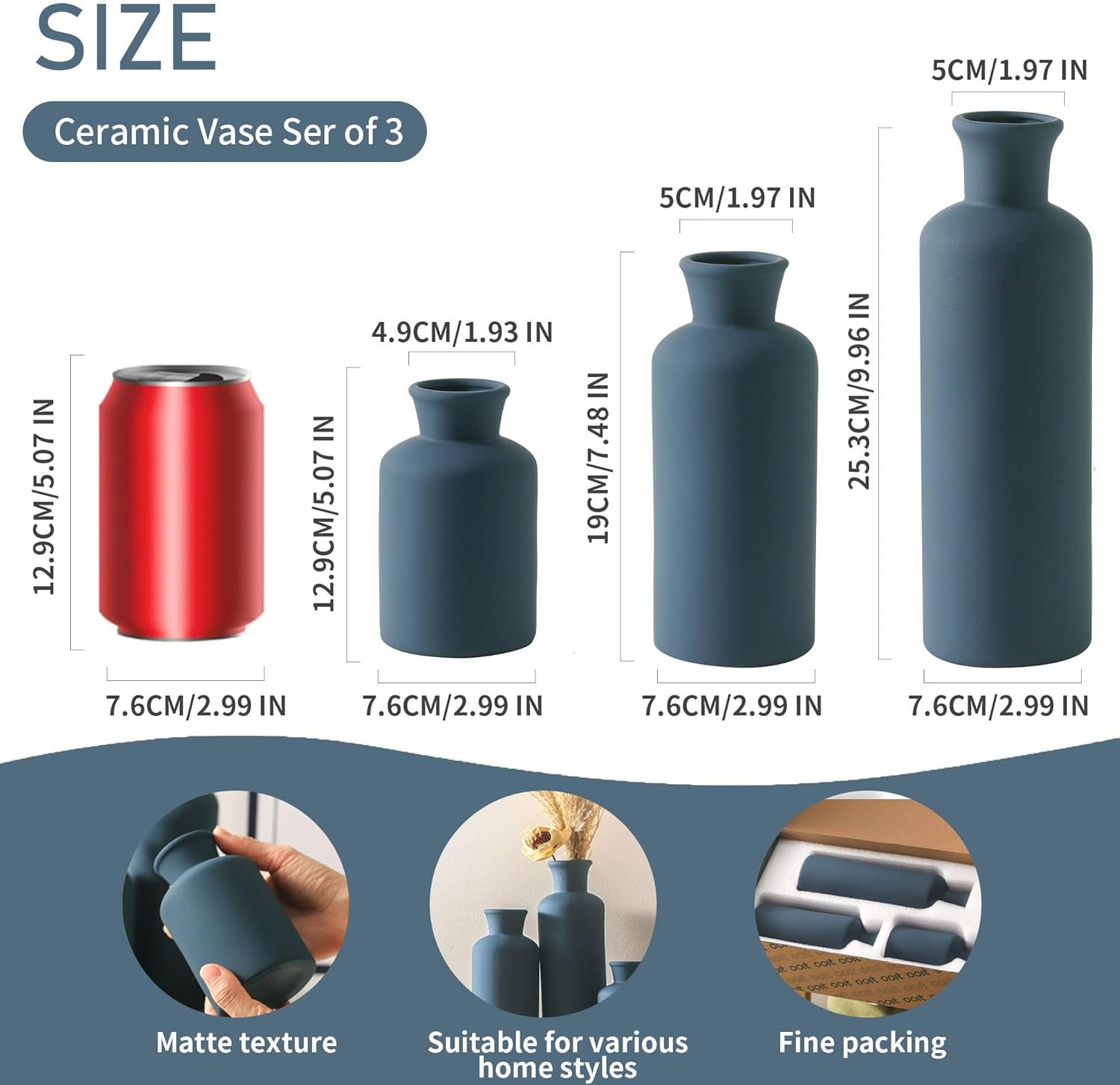 Ceramic Vase Set of 3, Neutral Modern Vases Home Decor Boho Vase Farmhouse Decor Flowers Pampas Vases for Table Mantel Entryway Shelf Living Room Kitchen Bathroom - Navy Blue