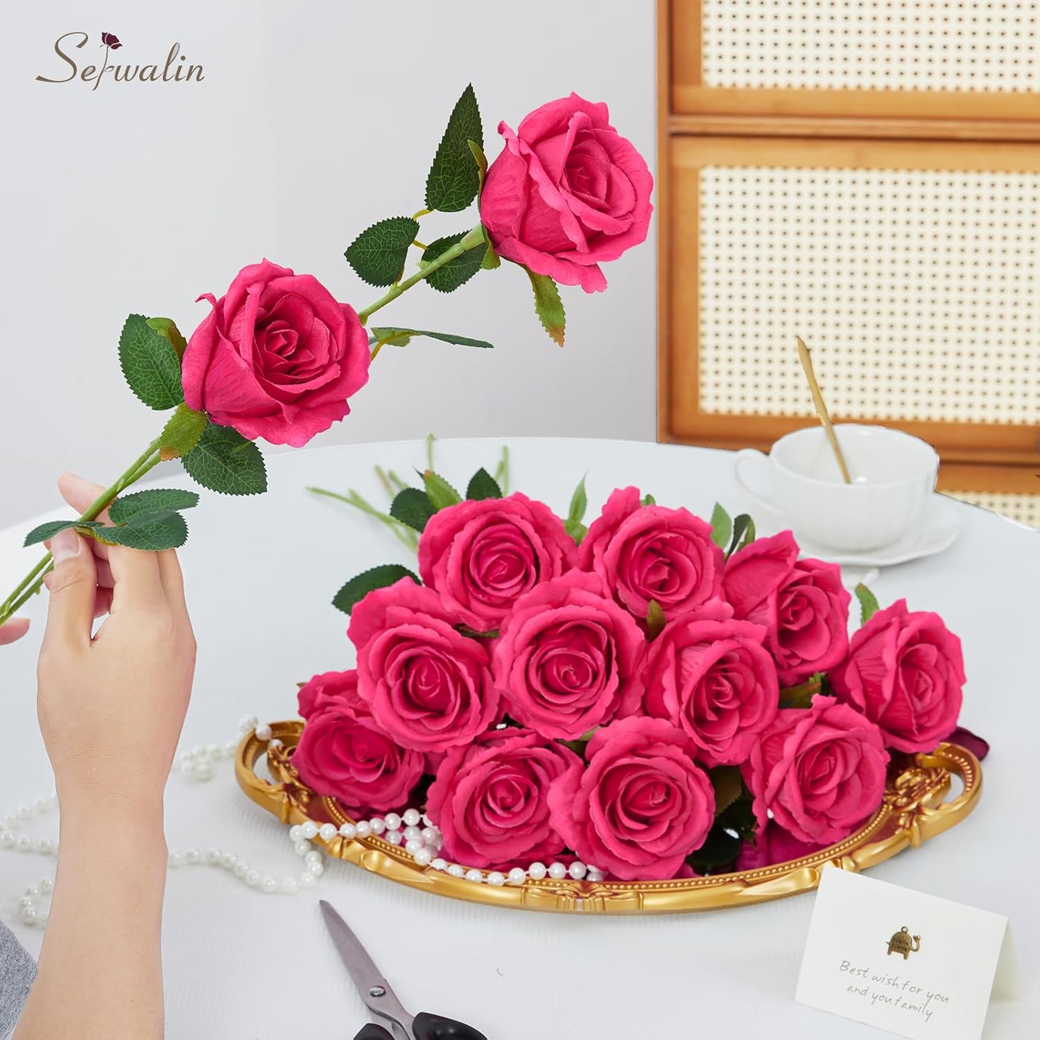 Serwalin 30pcs Artificial Silk Roses Flowers, Hot Pink Artificial Roses with Long Stems Bulk Realistic Fake Roses Flowers for DIY Wedding Bouquet Centerpieces Party Home Table Decor