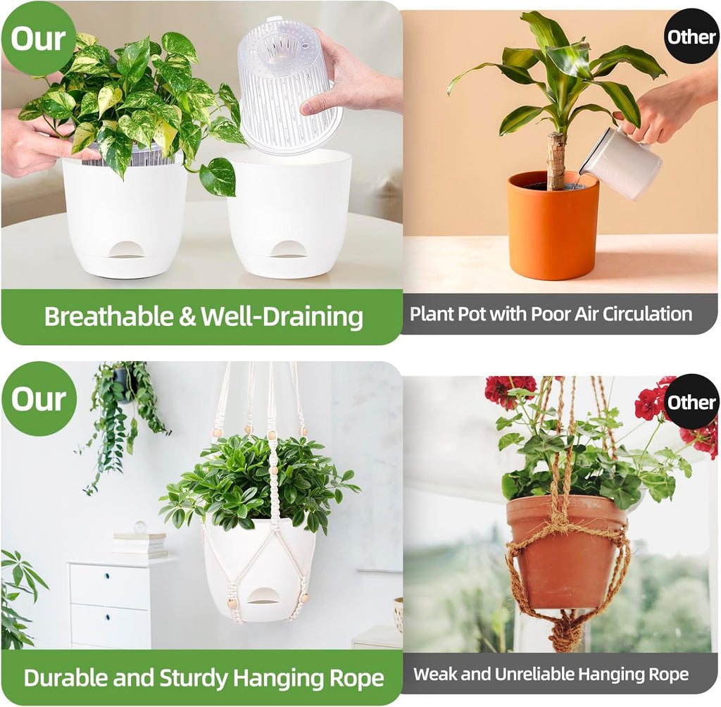 2-Pack 5.7-Inch Self-Watering Hanging Planters for Indoor & Outdoor Plants,34Inch Macrame Hanger Plant Pots Indoor with Drainage,Small Hanging Planters & Baskets,With Two Sets of Hooks（Pure white）