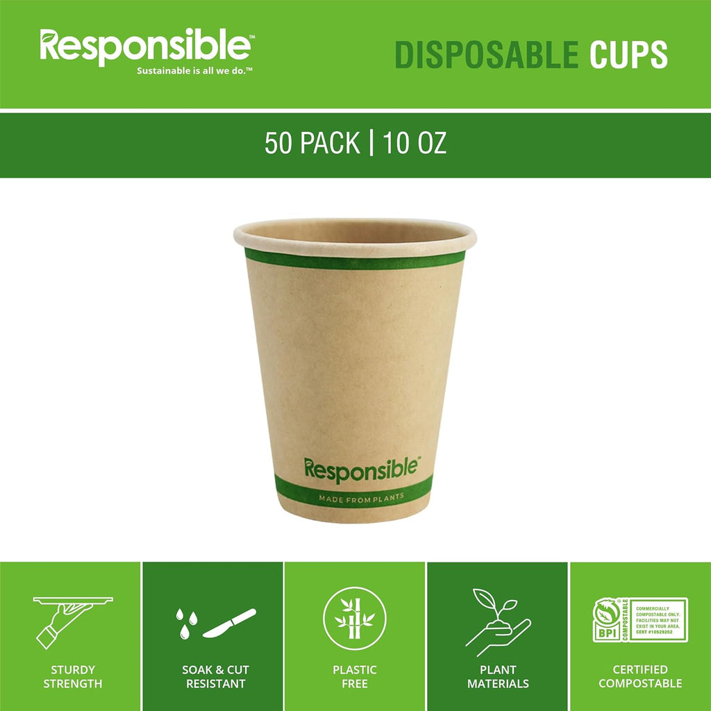 Certified Compostable 10 oz Paper Cups, Cold ＆ Hot Coffee Cups, Disposable Paper Cups, Extra Strength Disposable Cups, Made without PFAS (50 count)