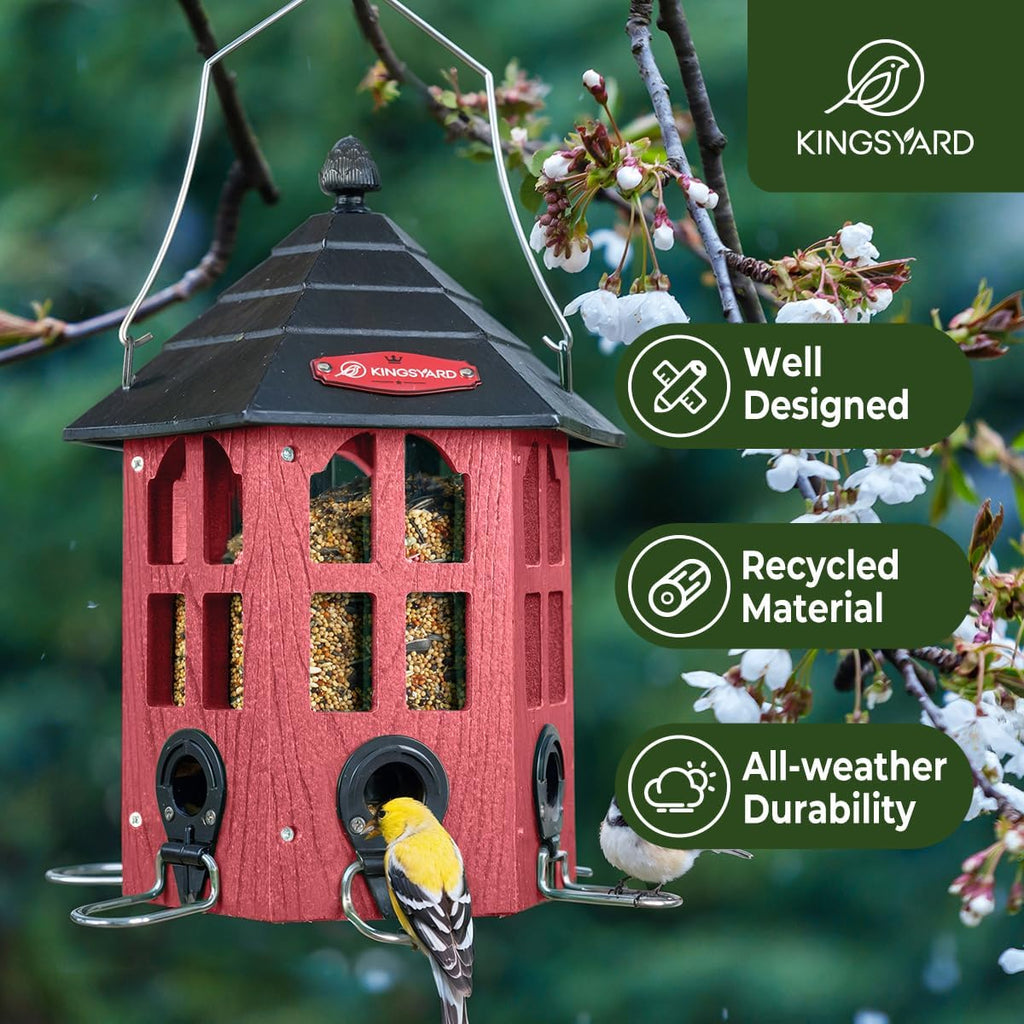 Kingsyard Wild Bird Feeder for Outdoor Hanging, Recycled Plastic Bird Feeders with 6 Ports & U-Shape Perch, Garden Yard Outside Decoration, 3.5 lbs Seed Capacity, Red