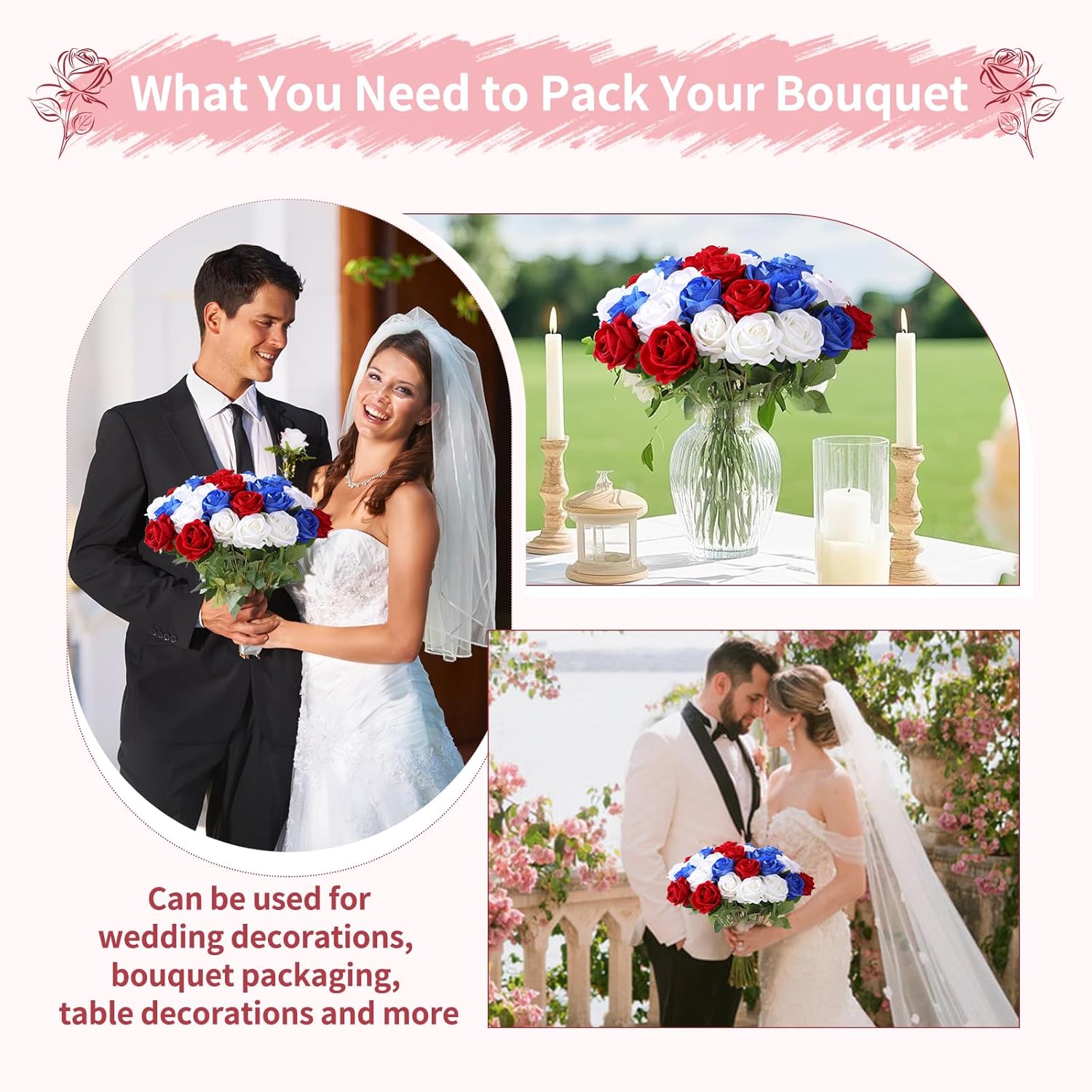 55 PCS Fake Roses Artificial Flowers Bulk, Mixed Roses Bridal Bouquet Silk Faux Rose with Stems for Wedding Flowers Decoration, Valentine's Day, Bridal Bouquet, Anniversary,Home Decor(55PCS)