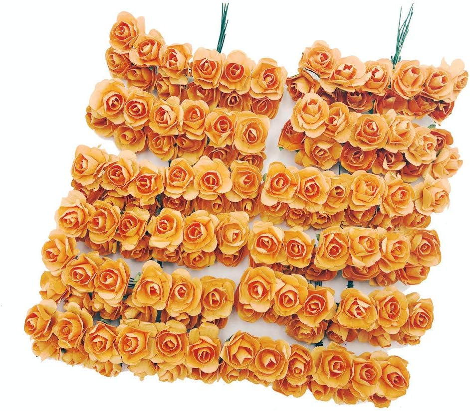 Mini Fake Rose Flower Heads 144pcs Mini Artificial Mulberry Paper Roses Flower with Wire Stem DIY Wedding Flowers Accessories Make Bridal Hair Clips Headbands Dress (Orange)
