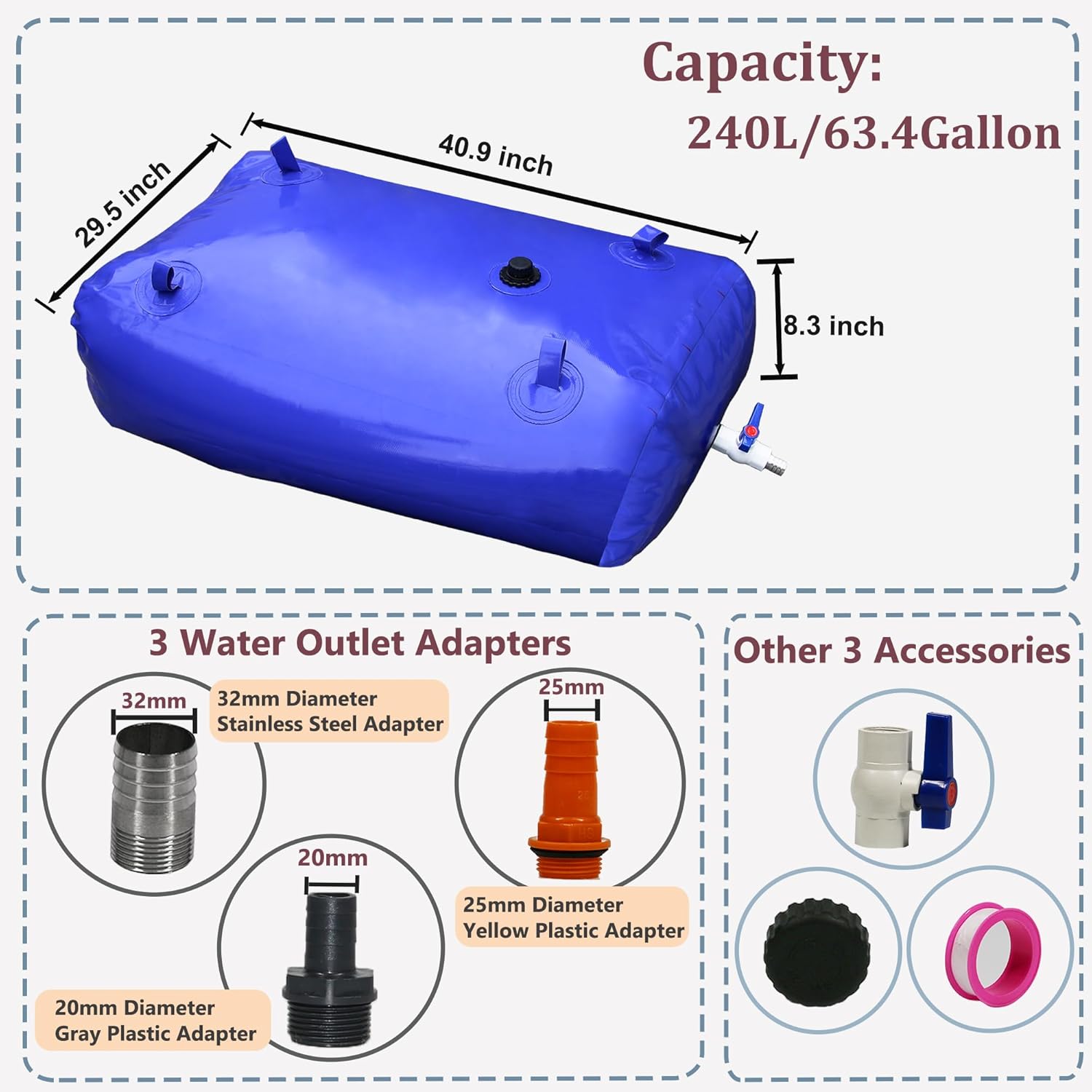 Ogrmar 240L/63.4Gallon Portable Water Storage Bladder Containers, Large Capacity Foldable Water Tank for Garden Water Catcher Including PVC Spigots and Overflow Kit, Emergency Water Storage Bag, Blue