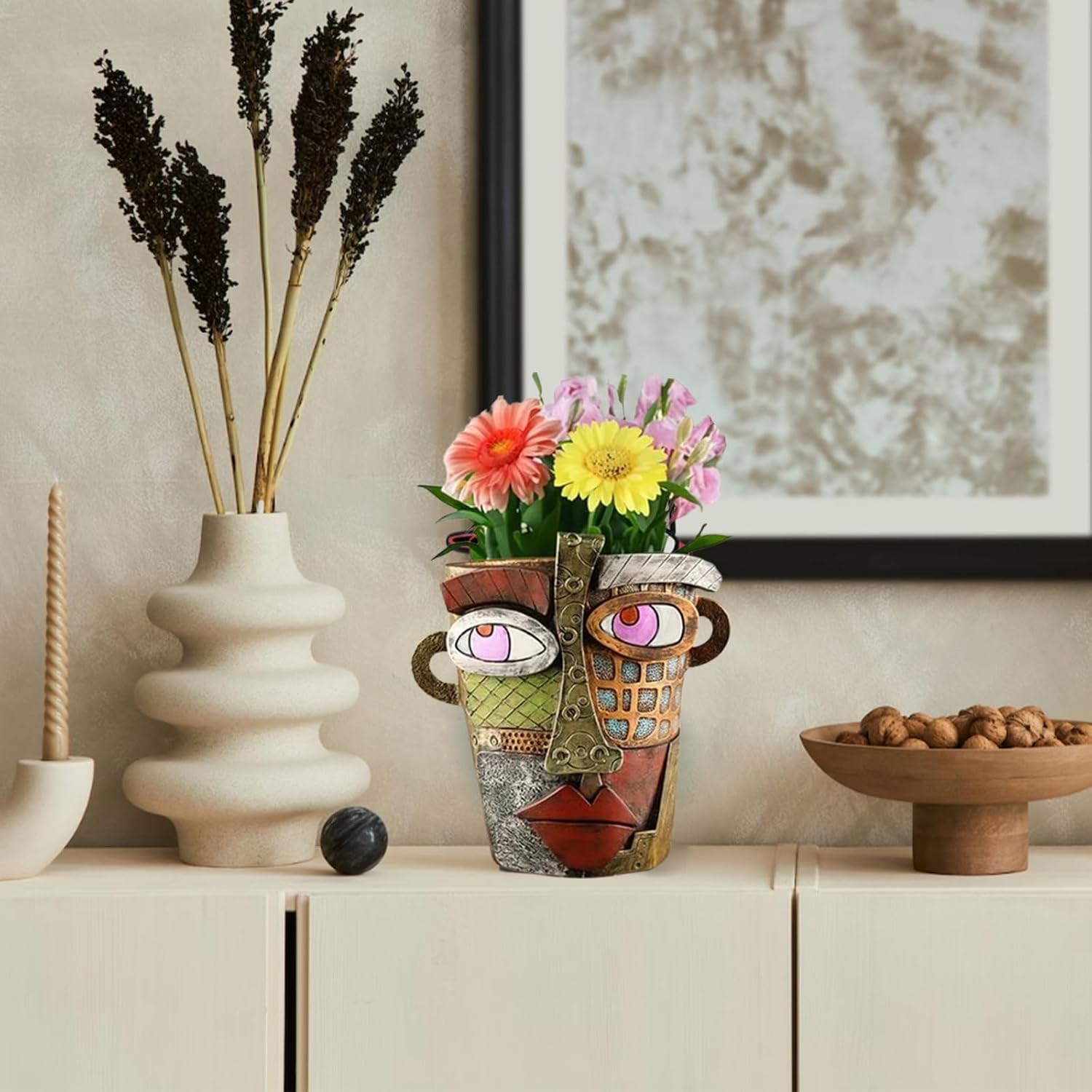 Unique Abstract Face Planters Pots Head,Picasso Brutalist Face Flower Pot Ornaments Head Planter Pots Colorful Art Abstract Resin Flower Pot for Indoor and Outdoor Plants Funny Room Decor(Retro Big)