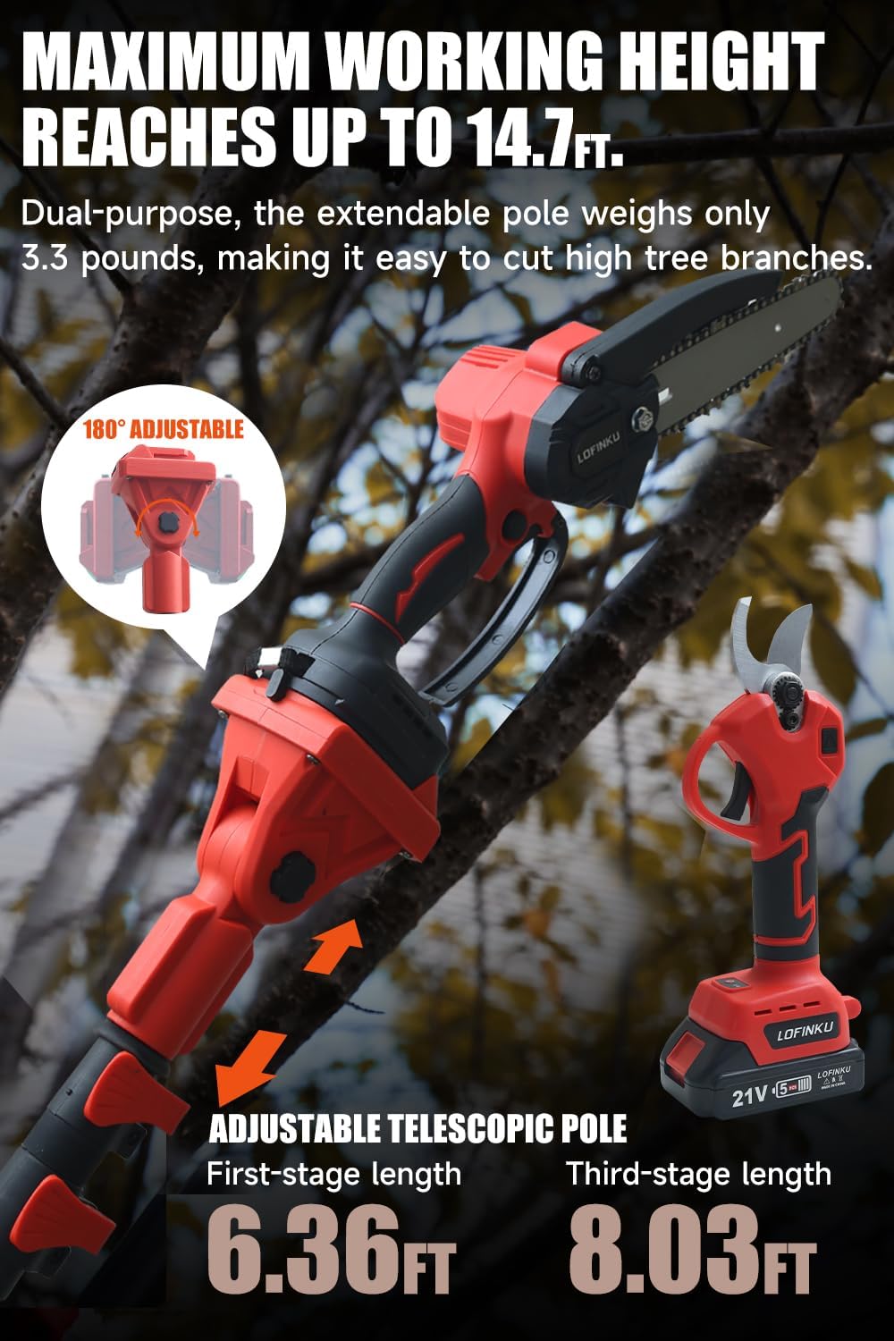Electric Pruner Kit, 3 in 1, Max 8 ft, 2 Pcs Batteries, 6 inches cordless chainsaw & electric pruning shears with Max 8 ft Extension Pole, SK5 Blades RED