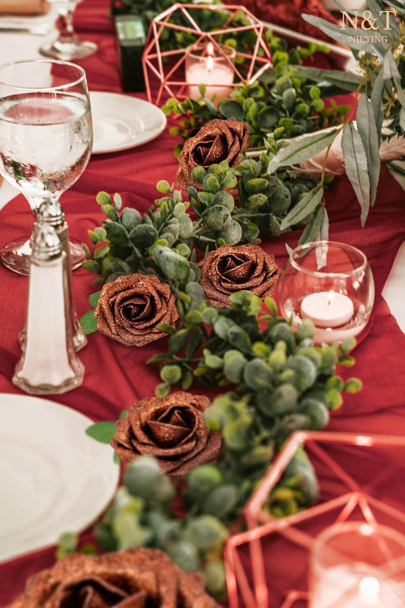 N&T NIETING Artificial Flowers Brown Glitter Flowers Foam 25pcs Roses Real Looking Fake Roses with Stem for DIY Wedding Bouquets Centerpieces Bridal Shower Party Home Decorations