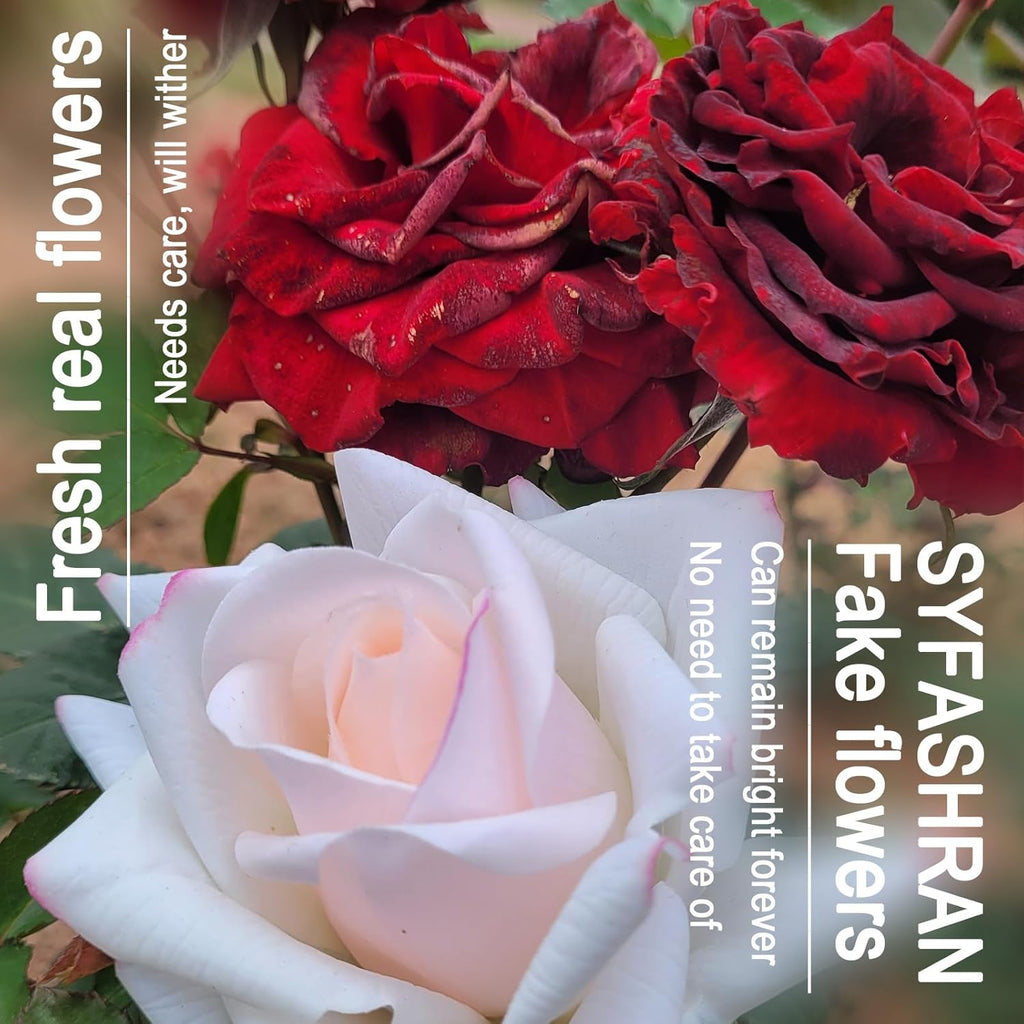 Artificial flower real touch roses feel and look realistic fake roses with short stems, suitable for gift, for wife girlfriend mom friends, Indoor home table，cake, hotel, car decoration (pink white)
