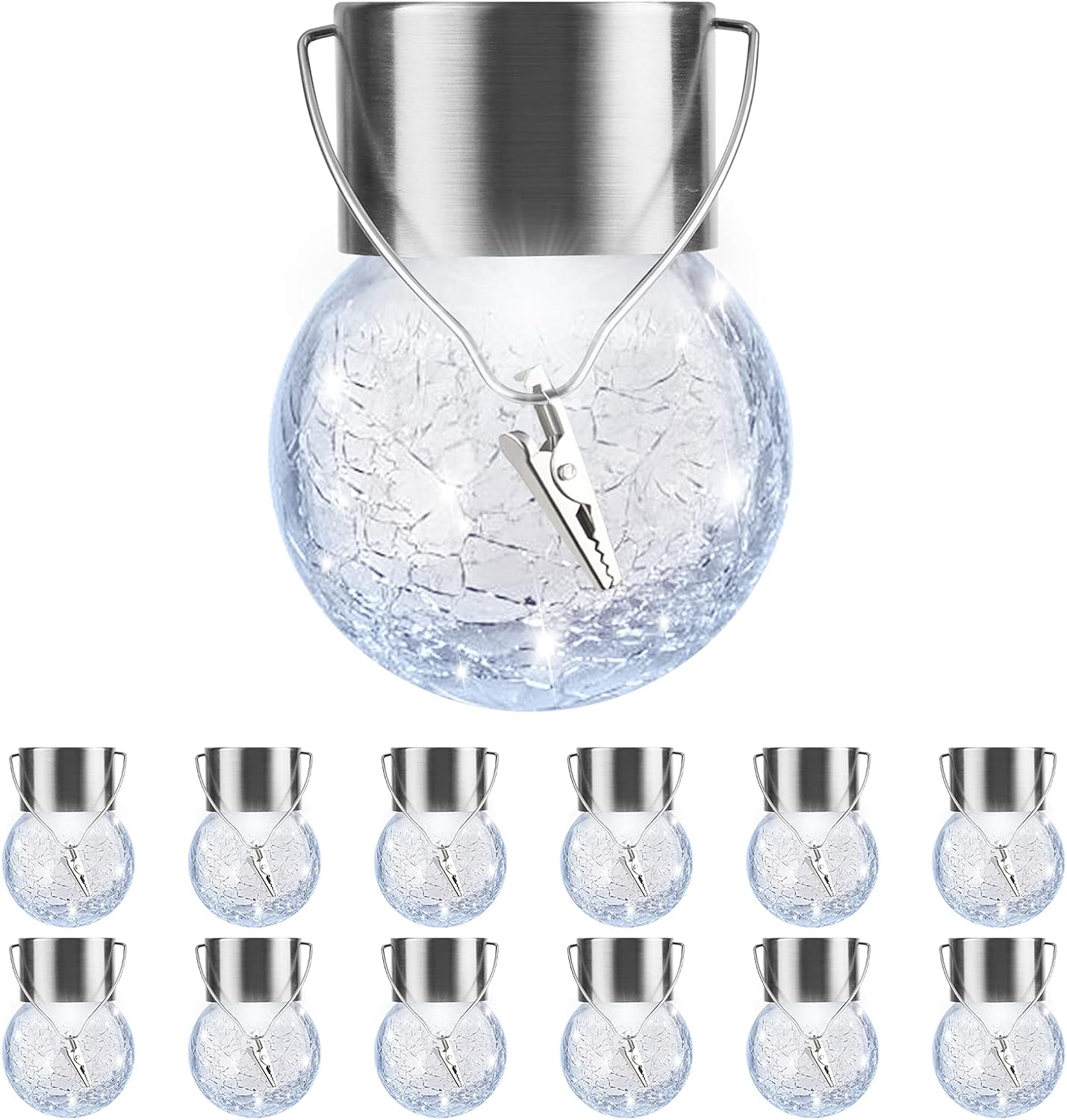 PARTPHONER 12 Pack Hanging Solar Lights Outdoor, Waterproof Solar Globe Lantern with Handle and Clip, Decorative Cracked Glass Ball Lights for Christmas Decor, Tree, Yard, Garden, Patio (Cold White)